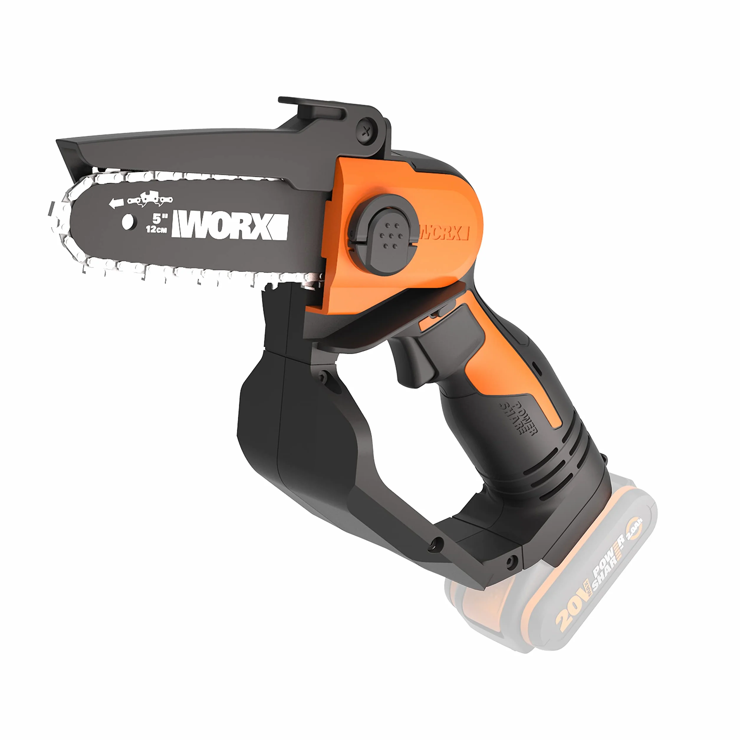 WORX WG324E.9 - Motosega compatta senza fili, 12 cm, 20 V, solo strumento, motore ad alta efficienza, design leggero e sicuro, senza batteria o caricabatterie