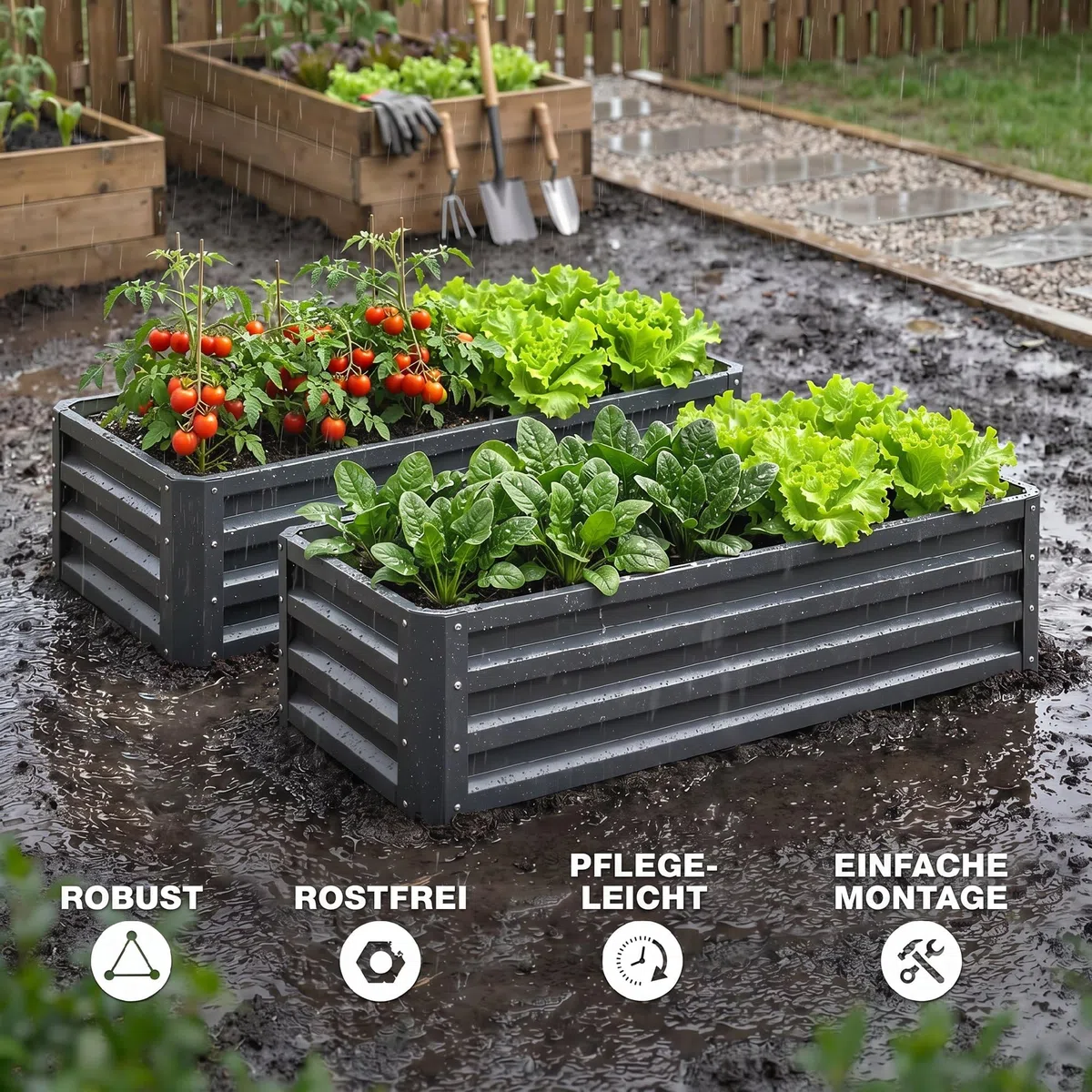 Outsunny Set di 2 aiuole rialzate, 110 x 50 x 30 cm, grigio scuro | Cassetta da giardino esterna, telaio in acciaio zincato, per ortaggi, fiori ed erbe aromatiche