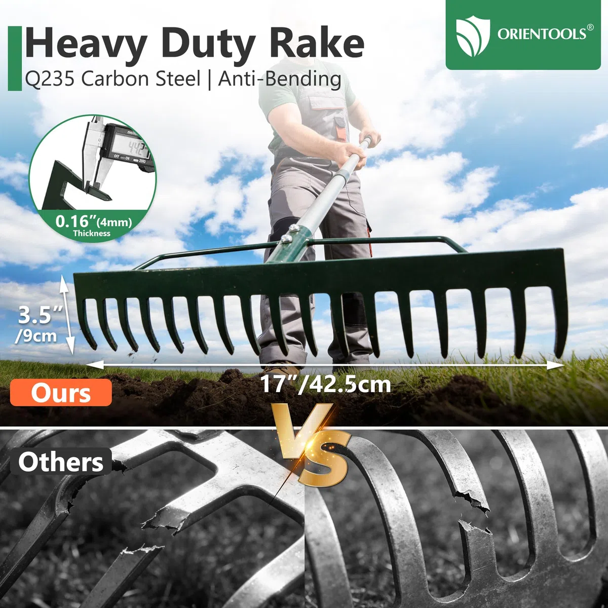 ORIENTOOLS Rastrello da giardino, resistente, 44 cm di larghezza x 160 cm di altezza, verde, 1,7 kg