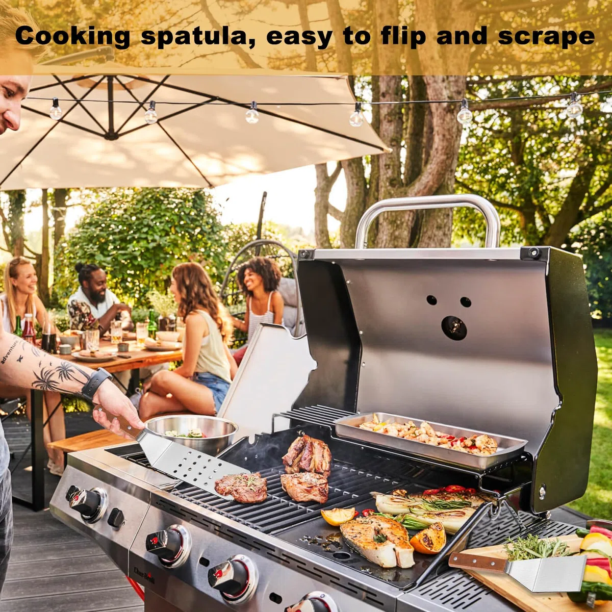 Set di 6 Spatola in Acciaio Inossidabile, Cucina Palette per Barbecue, Manici in Legno Isolanti Antiscivolo Spatole per Utensili per Grigliate in Ghisa Piatti