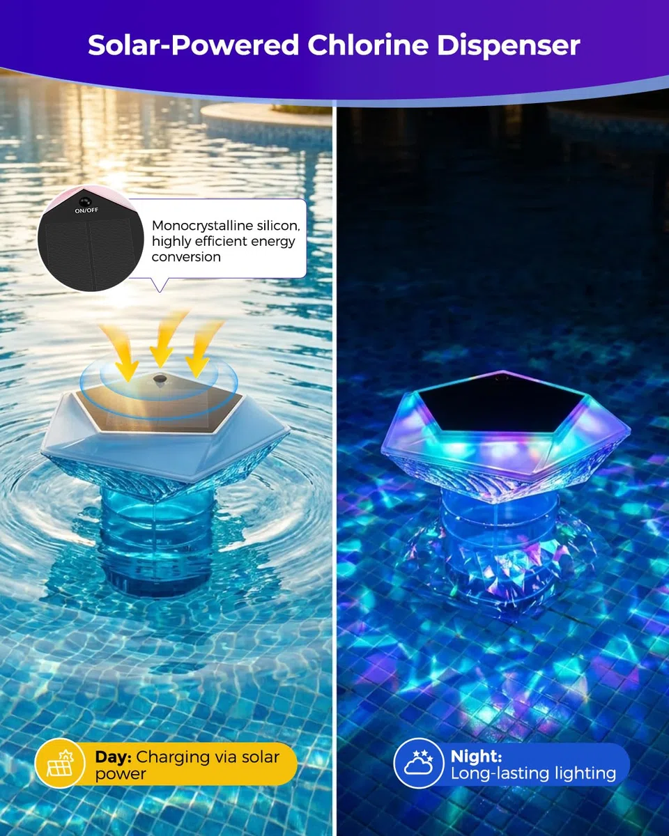 MYMULIKE Galleggiante dosatore per piscina, 2 pezzi di cloro solare per compresse di cloro da 3", grande dosatore di cloro per piscina con illuminazione per piscina, dosatore di cloro per piscina
