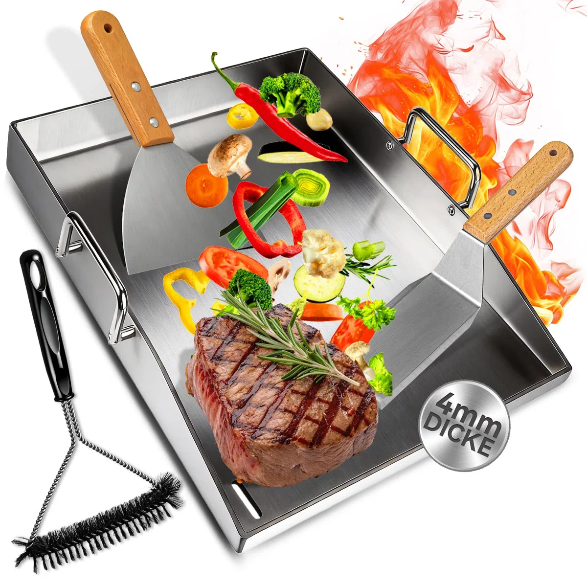 Piastra acciaio per barbecue, 40 x 30 x 4cm Plancha Grill in acciaio inox, adatto per barbecue a gas e carbone, Contiene pala e spazzola