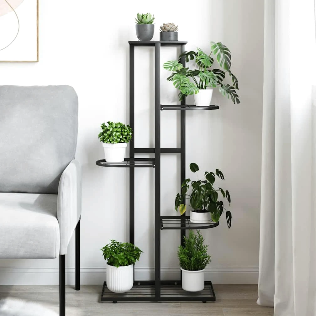 Fioriera a 5 ripiani in metallo nero, 43 x 22 x 98 cm, mensola per piante, balcone, patio, soggiorno, con supporto per vaso e mensola per erbe aromatiche, orchidee e piante grasse