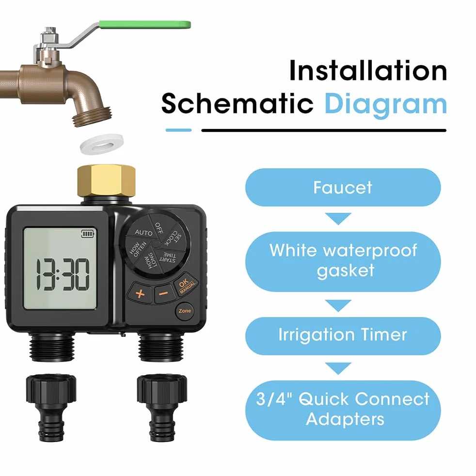 Computer di irrigazione, 2 uscite, irrigazione automatica, giunto girevole in ottone | Sistema di irrigazione da giardino con ritardo della pioggia, timer, rubinetto per giardino, esterno, serra