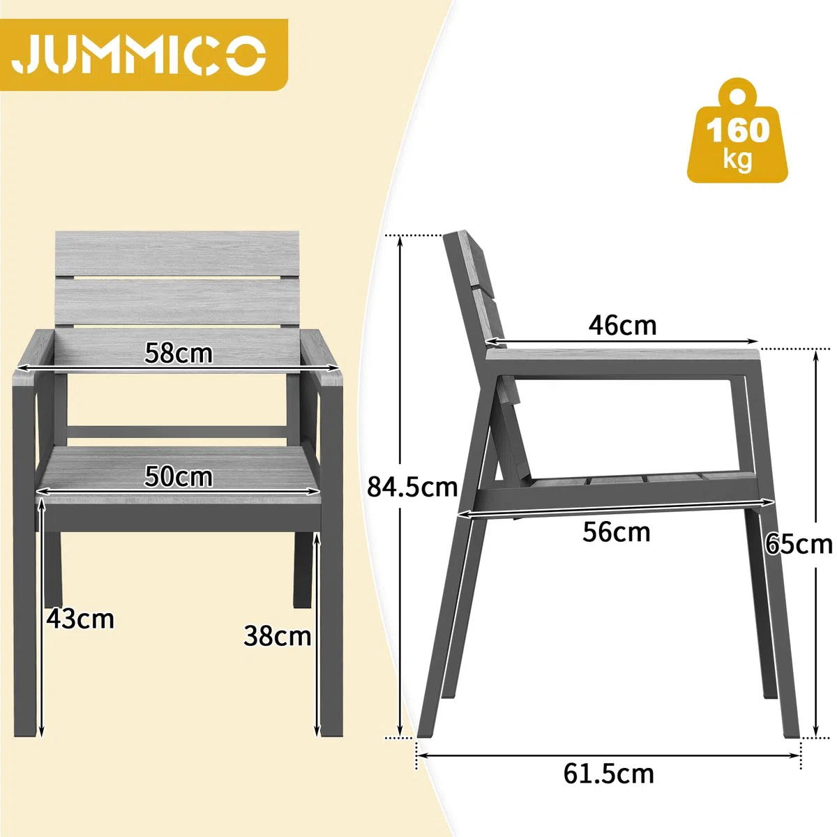 JUMMICO Sedia da Esterno in Alluminio Aspetto Legno - Antiruggine, Facile da Pulire e Imputrescibile, Portata Massima 160kg, Per Giardino, Cortile, Balcone