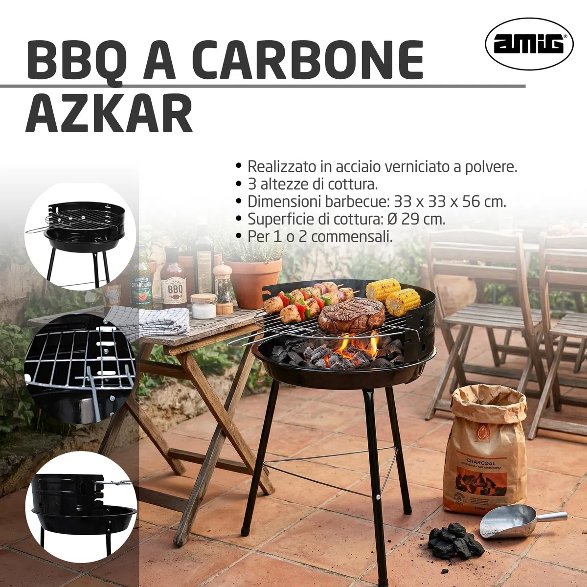 Amig - Barbecue a carbone - 33 x 35 x 56 cm - Nero - Realizzata in Acciaio - Giardino e patio - per terrazza e balcone con dimensioni adatte a spazi piccoli, uso pratico. Mod. AZKAR