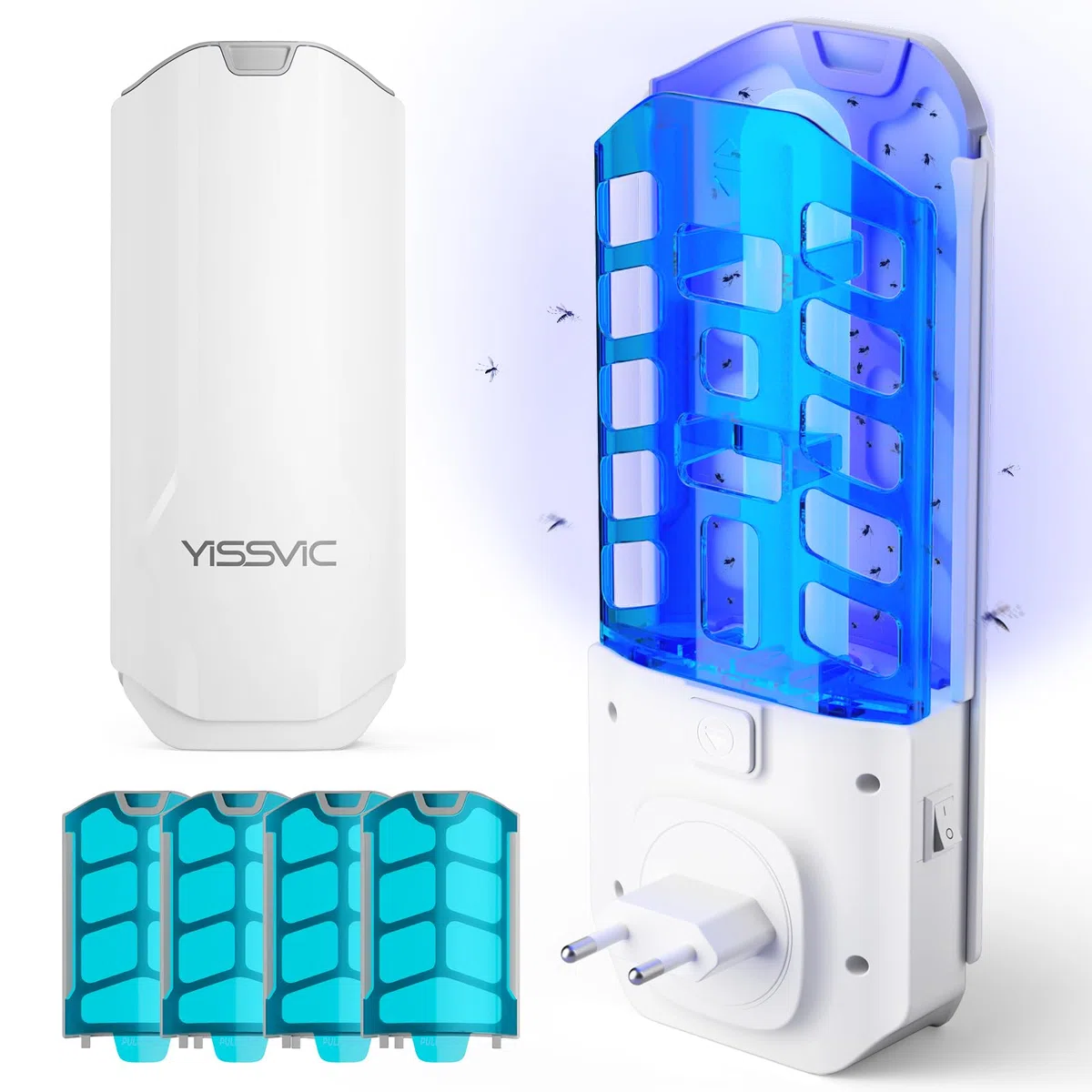 YISSVIC Trappola per Mosche della Frutta per Interni con Lampada UV, Confezione da 1 Trappola e 5 Adesivi, Ideale per Cucina, Vicino a Piante e Frutta