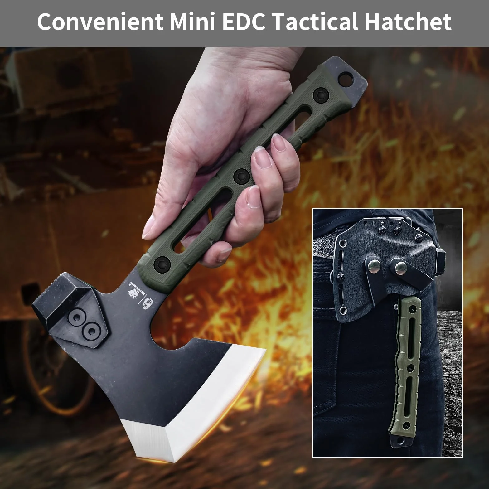 HX OUTDOORS Ascia Multifunzionale, Piccola Tattica da Sopravvivenza per Campeggio, Piccolo Ascia da Bushcraft con Martello e Fodero in Kydex (Verde Militare)