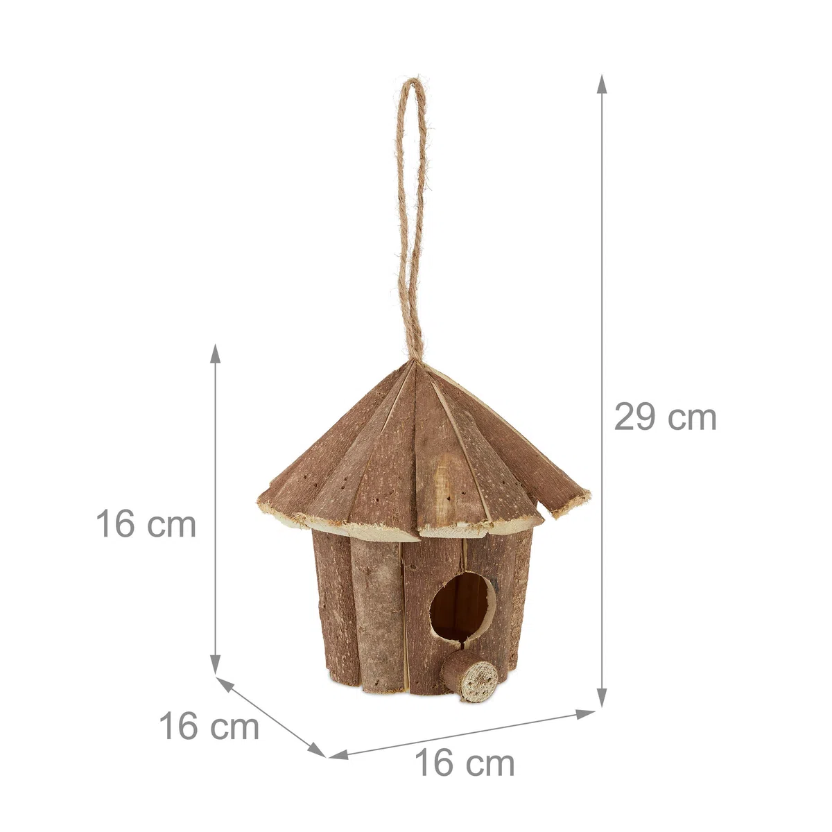 Relaxdays Casetta per Uccelli, Decorazione da Appendere, Legno Non Trattato,Balcone & Giardino, 16x16x16 cm, Naturale