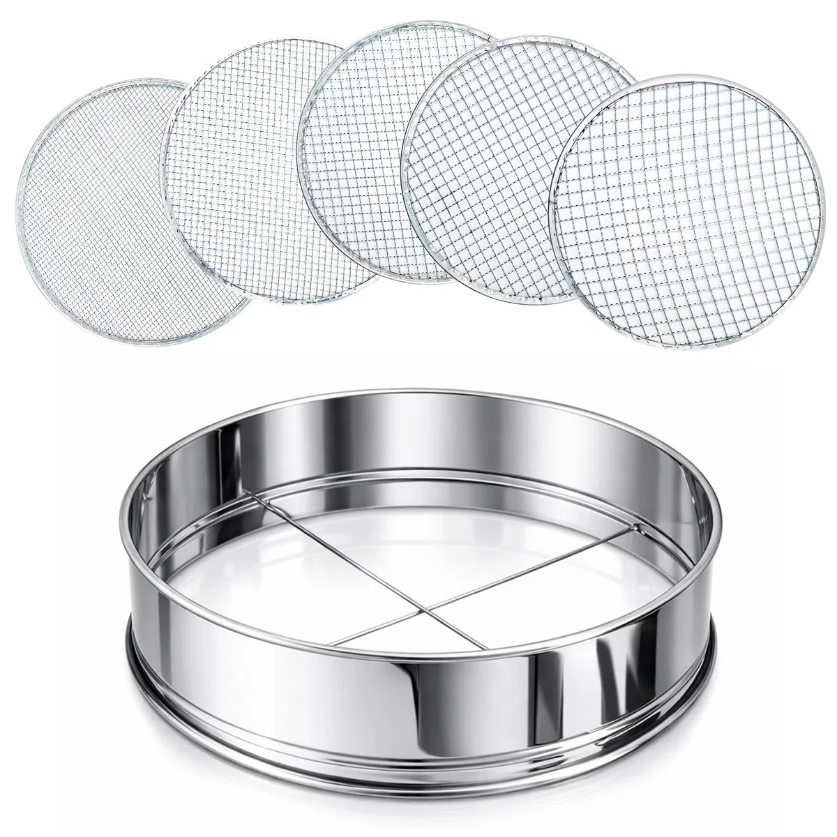 Flatro Setaccio da giardino per terreno e pietra, con telaio in acciaio inox, setaccio da giardino con 5 inserti intercambiabili a rete fine (3 mm, 5 mm, 8 mm, 10 mm, 12 mm), setaccio in metallo per