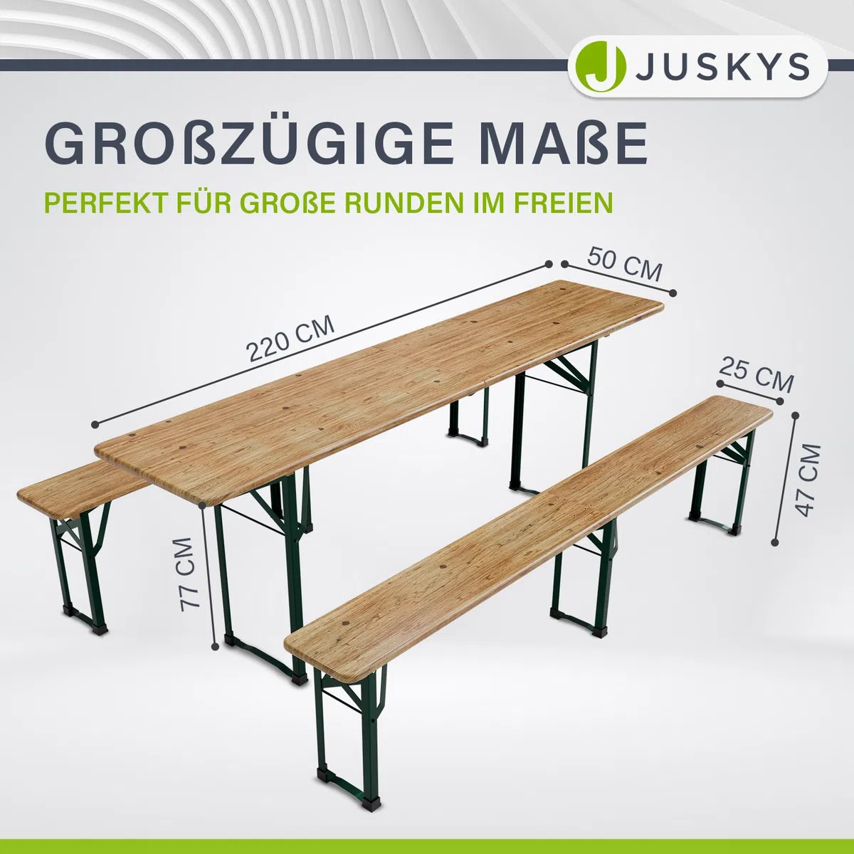Juskys Set da giardino 3 pezzi, tavolo da birra pieghevole 220 cm e panche in legno di abete, finitura naturale, per tende da festa e uso esterno