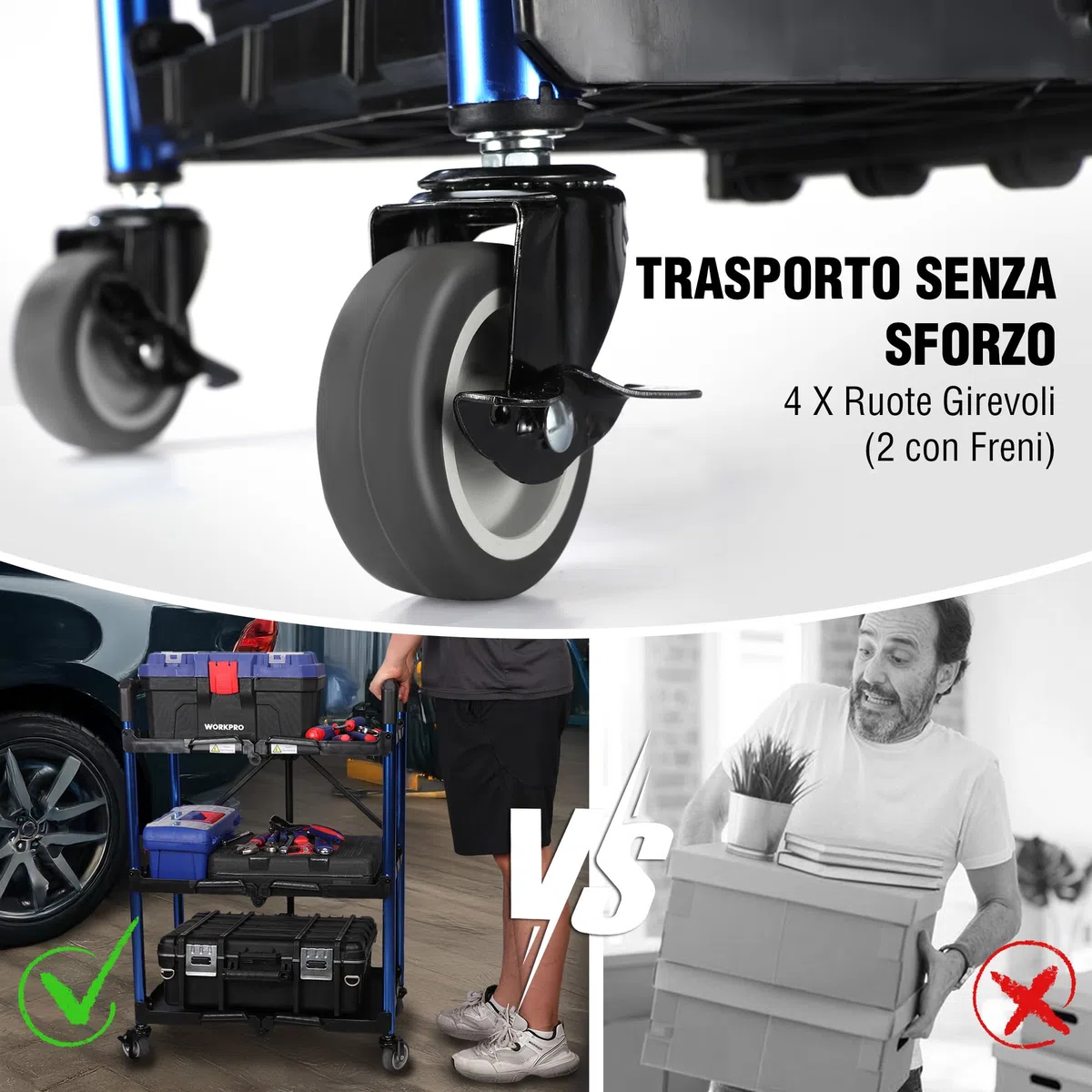 WORKPRO Carrello Pieghevole con Ruote a 3 Strati, Carrello Porta Attrezzi Multifunzione con 4 Ruote (2 con Freno) Carico di 32 kg, Ideale per Garage, Magazzini, Uffici(Non Necessita di Installazione)