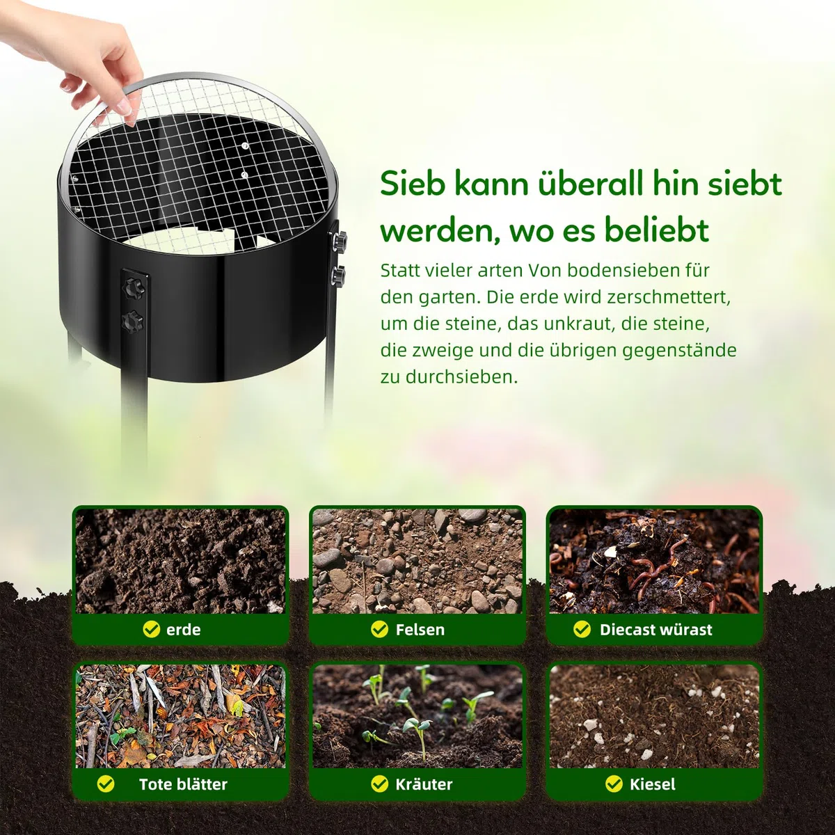 Upgrade - Colino a manovella 5 in 1, in metallo, Ø 30 cm, con 4 setacci (3/6/9/12 mm), efficace filtro per terra, pietre, sabbia, compost, erbacce, filtri intercambiabili per giardinaggio