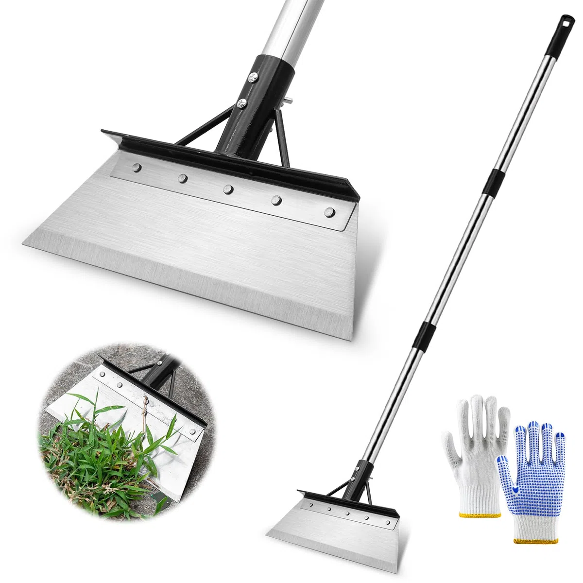 Set di attrezzi da giardino con raschietto per erbacce, lama in acciaio inox da 21 cm con asta a 3 sezioni da 120 cm e guanti, per rimuovere muschio e ghiaccio per patio, vialetto e neve, kit pala da