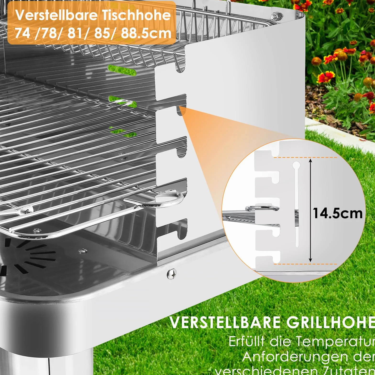 TLGREEN 57*38*90 cm Barbecue a colonna in acciaio inox, Altezza regolabile in 5 posizioni, Barbecue da esterno con Cassetto cenere, ventilazione e griglia cromata, Outdoor, Party, Giardino, Spiagge
