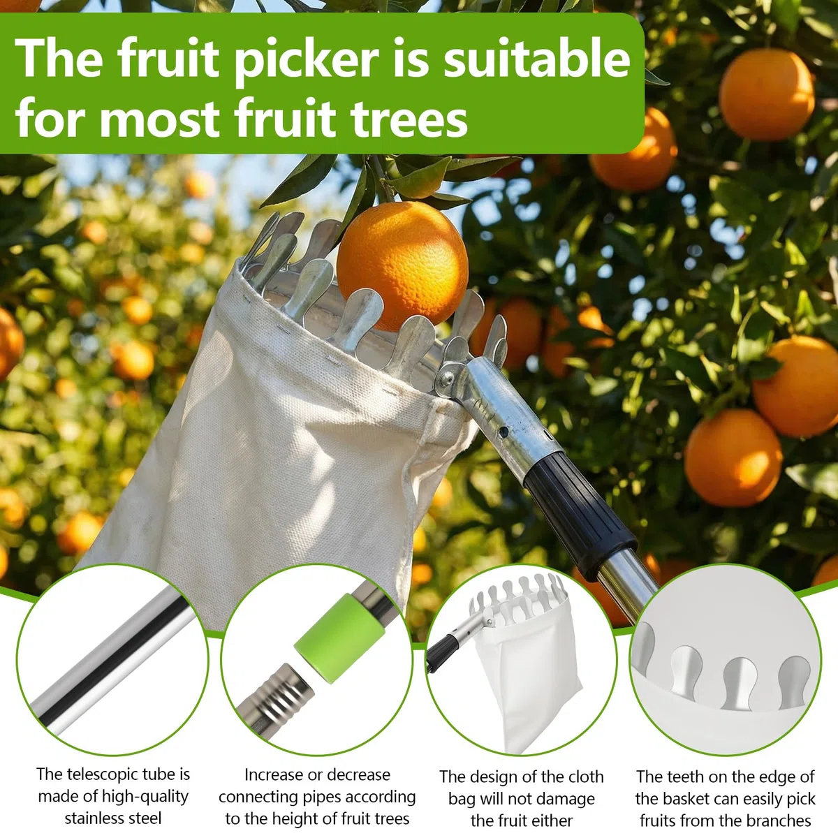 4.2M Raccogli Frutta Telescopico, Regolabile Raccogli Frutta con Palo in Acciaio Inox, Frutta Raccoglitrice Attrezzo Raccogli Frutta per Limoni Mele Pere Arance