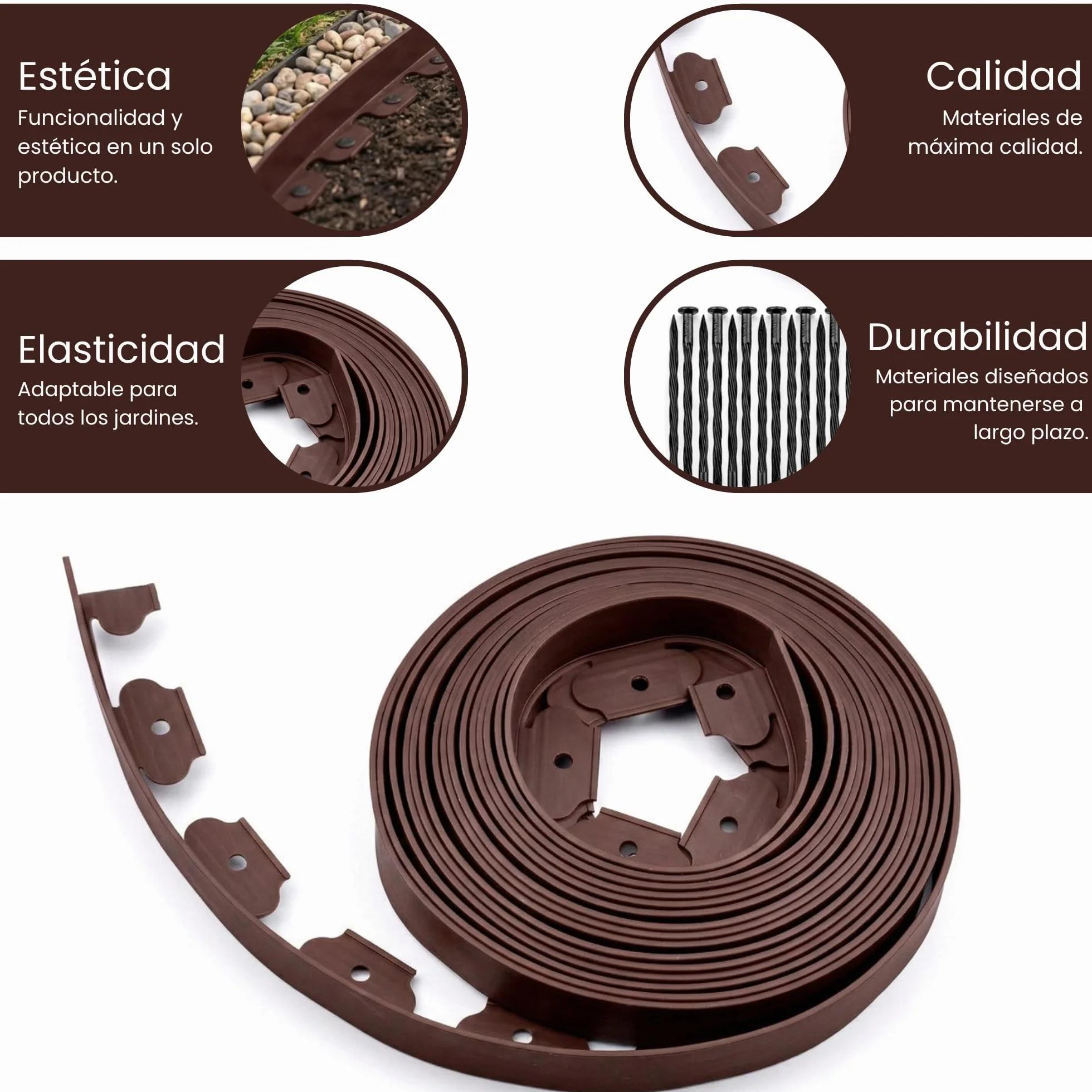 Ediesi, Bordura per giardino 10 m flessibile, bordo aiuole plastica resistente 5 mm, bordatura giardino per prato vialetti, installazione facile con 30 picchetti (Marrone, 10 metri)