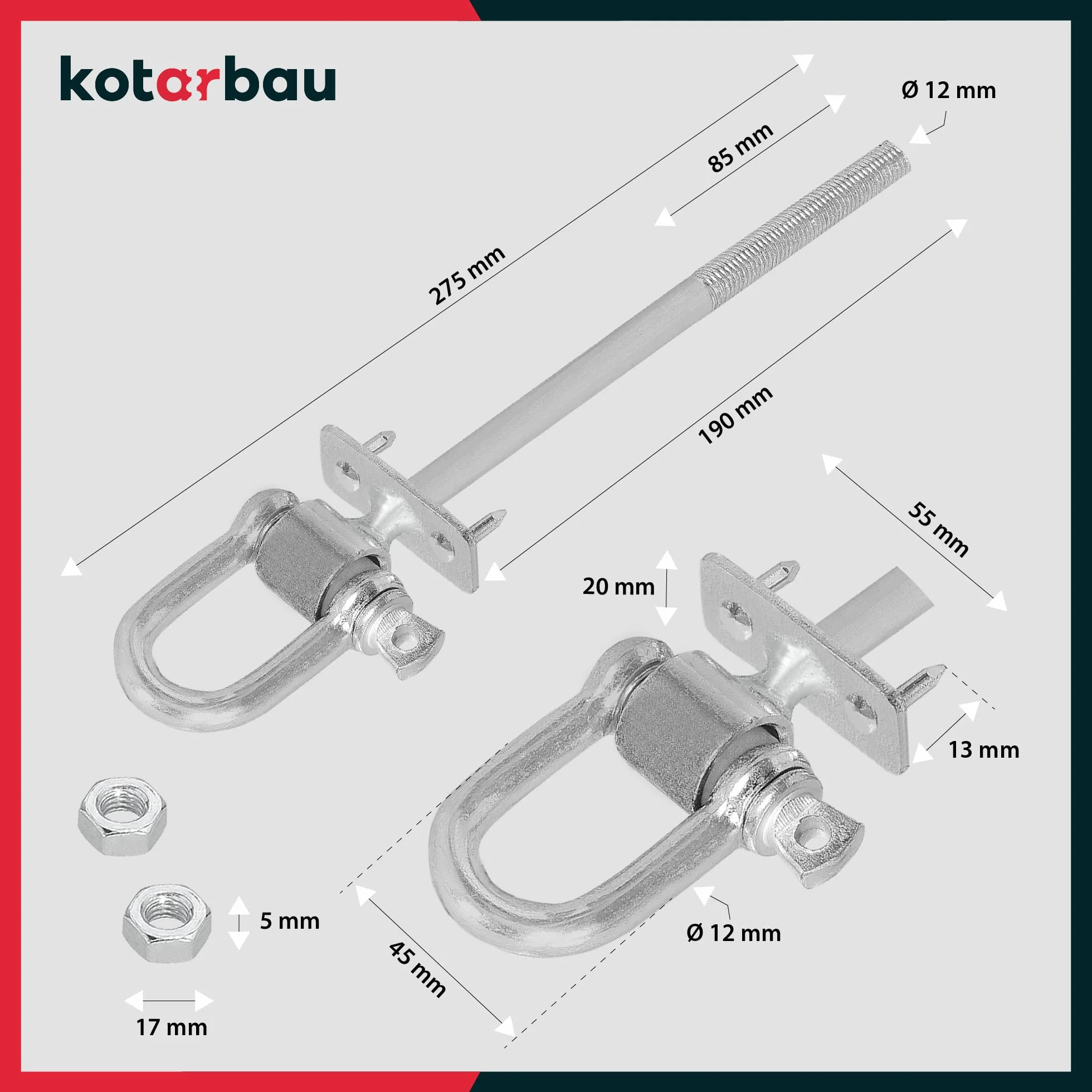 KOTARBAU® 2 pz Ganci Altalena - Acciaio Zincato - M12 x 190 mm - Argento - Gancio per Altalena Resistente - Gancio per Travi in Legno - con Dente - per Amaca - Sedia - Sospesa