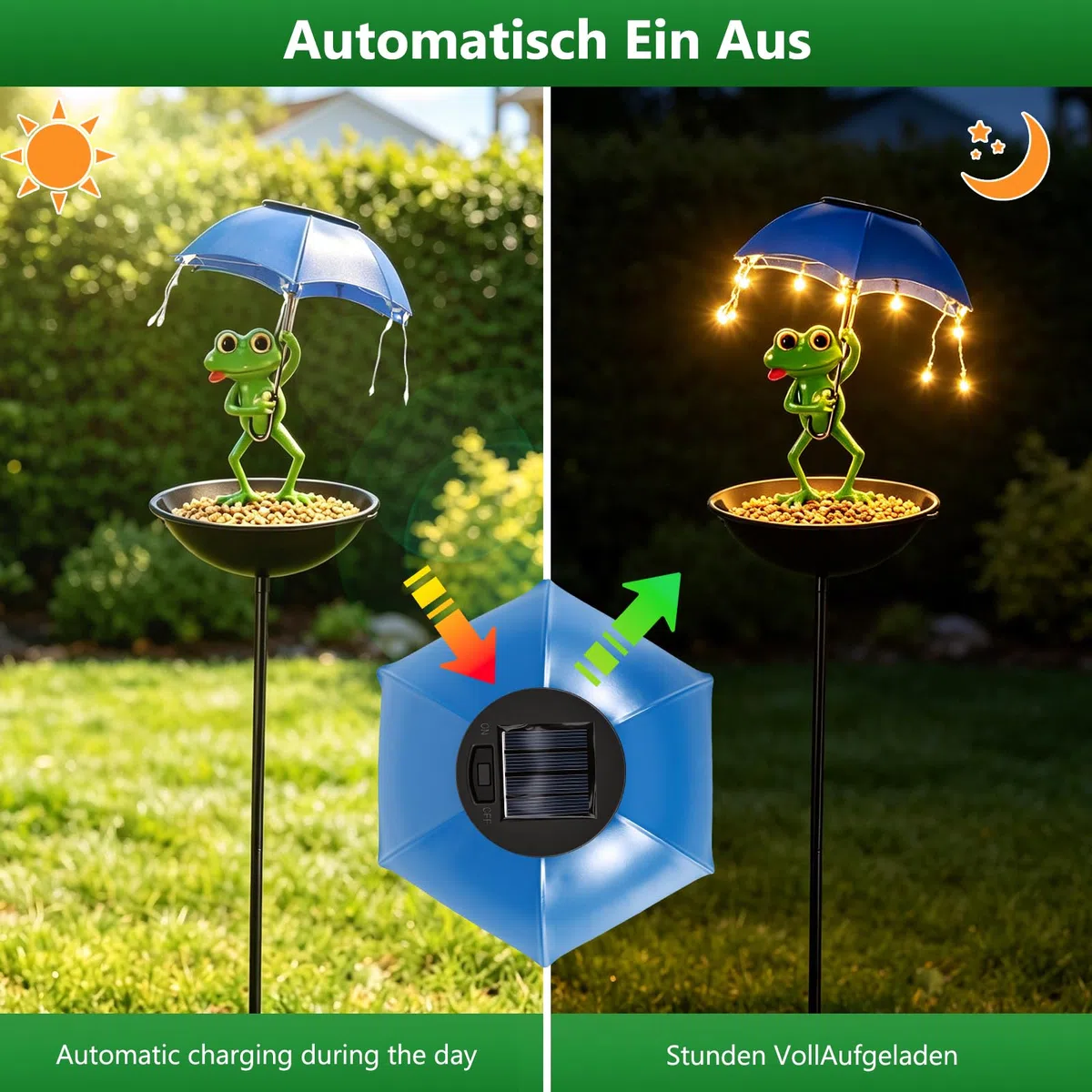 Mangiatoia a energia solare a forma di rana, per esterni, decorazione da giardino con ombrello, ciotola, mangiatoia decorativa per giardino, terrazza, prato, laghetto, cortile