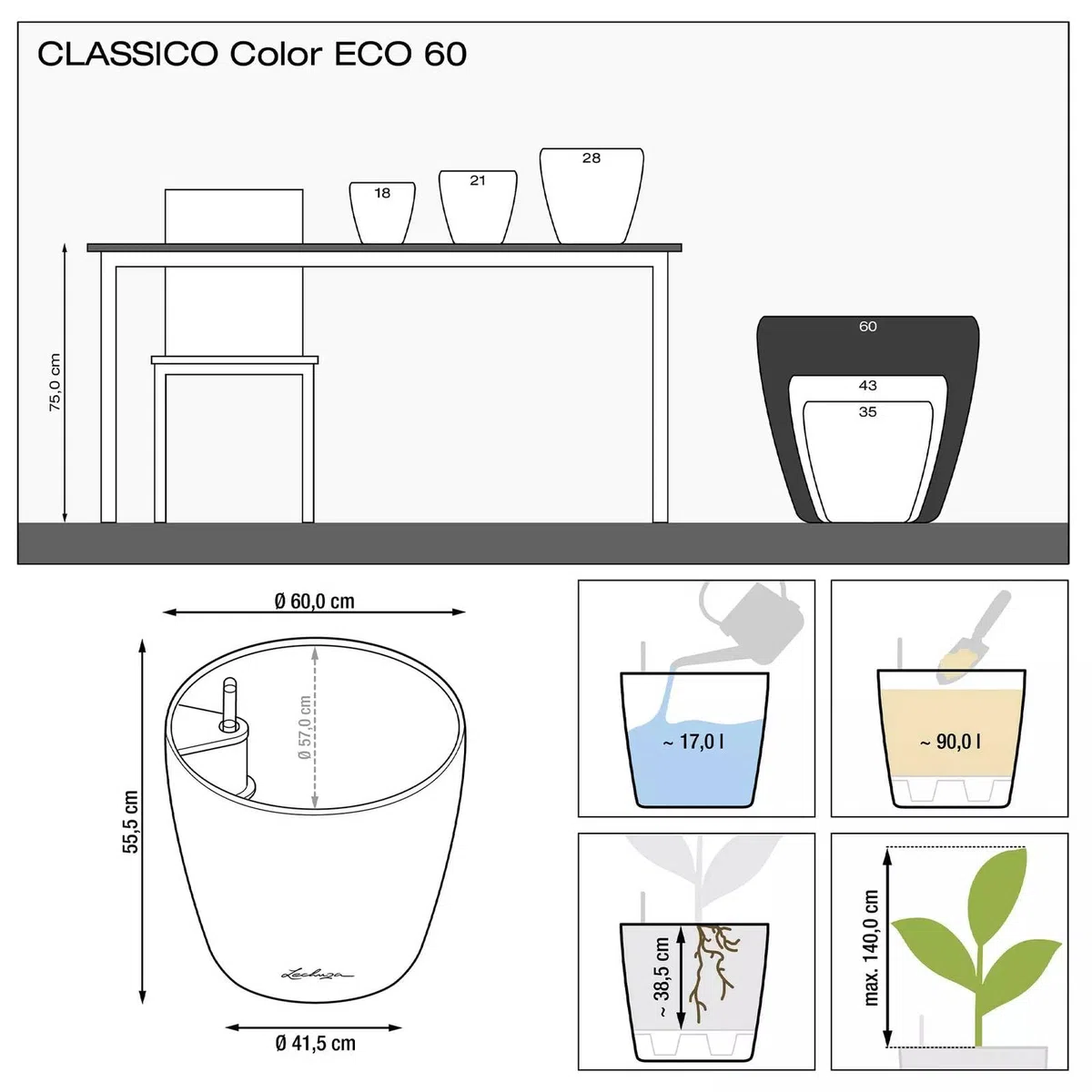 Lechuza - Vaso classico color eco 60 grigio scuro | vaso con sistema di irrigazione e indicatore del livello dell'acqua|in plastica 100% riciclata | superficie opaca | Ø 60 x 55,5 cm | 18955