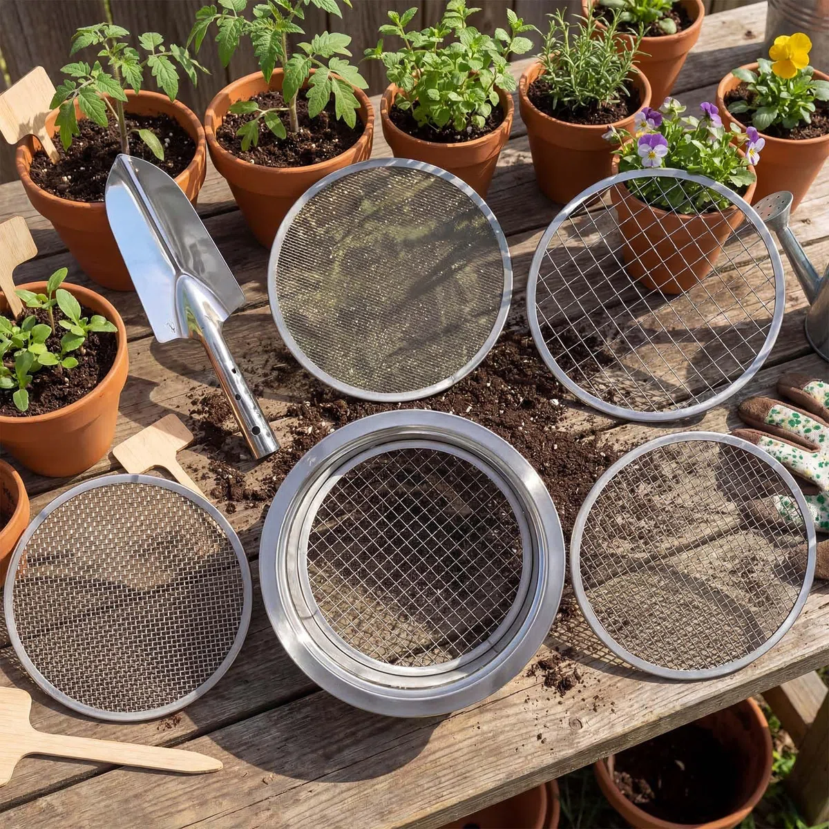5 in 1 Setaccio da Giardino Ø 1,3,6,9,12mm Setaccio Sabbiain Acciaio Inox + 1 Vanga a Mano per Terra, Pietre, Compost, Erbacce, Sabbia