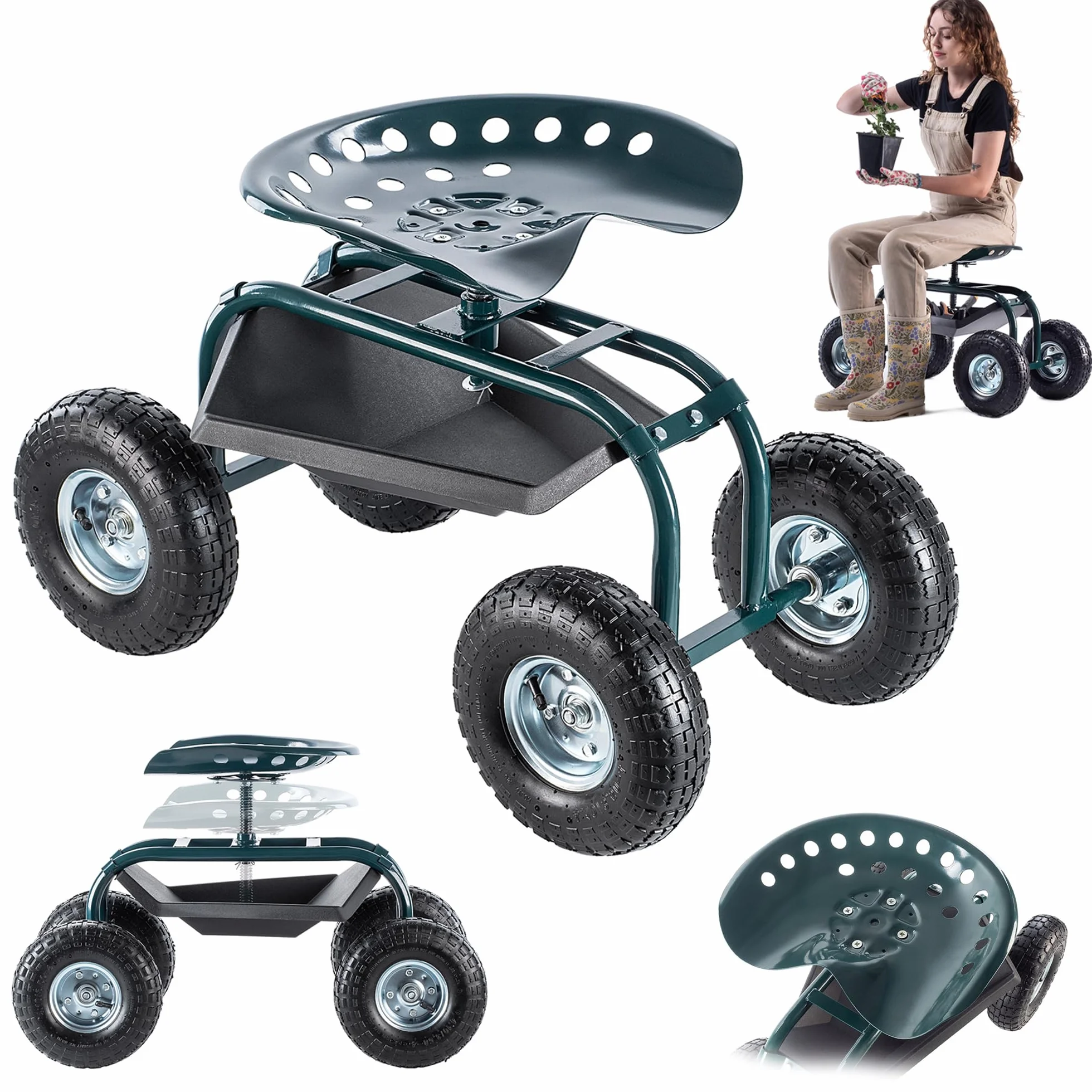 KADAX Sedia da giardino con ruote per giardinaggio, carrello da giardino con pratico ripiano, sedile da giardino mobile, sgabello da giardino con ruote (verde - nero)