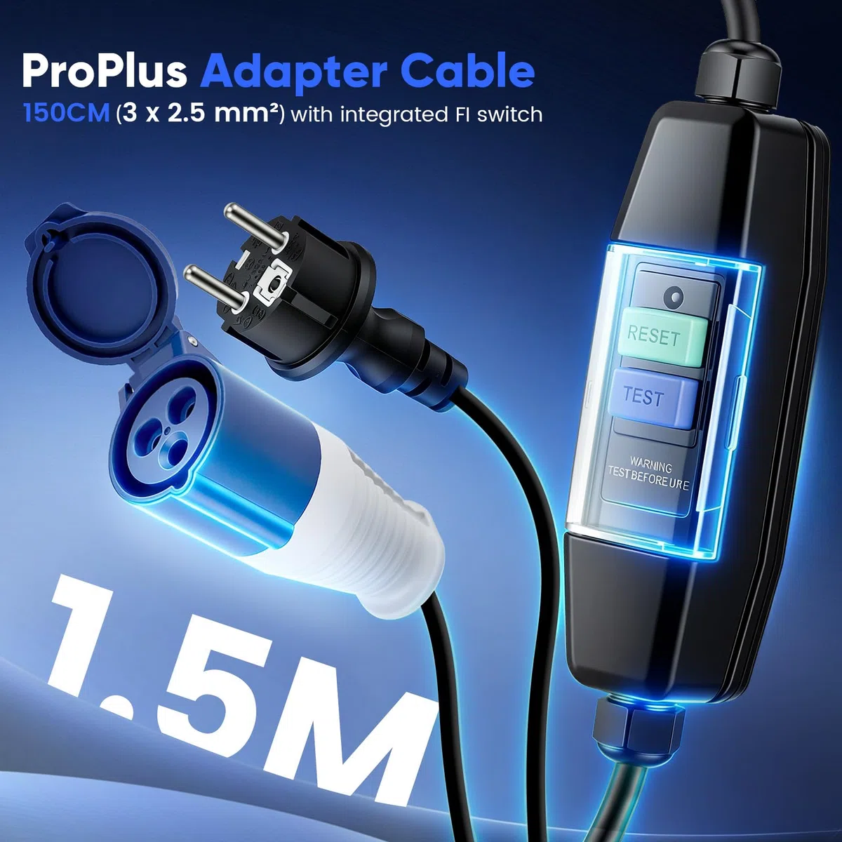 Cavo Adattatore 150 cm Schuko a CEE con Interruttore Differenziale Integrato – Prolunga CEE, Prolunga Elettrica di Potenza, Cavo Elettrico per Campeggio & Cavo CEE con Presa FI per Camper – IP44/IP55