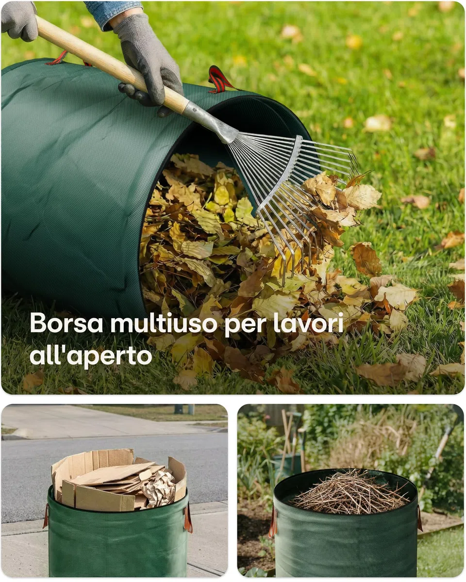Praknu 3 Sacchi Giardinaggio 300 Litri - 4 Maniglie Resistenti - Stabile - Pieghevole - Riutilizzabile - Polipropilene Robusto