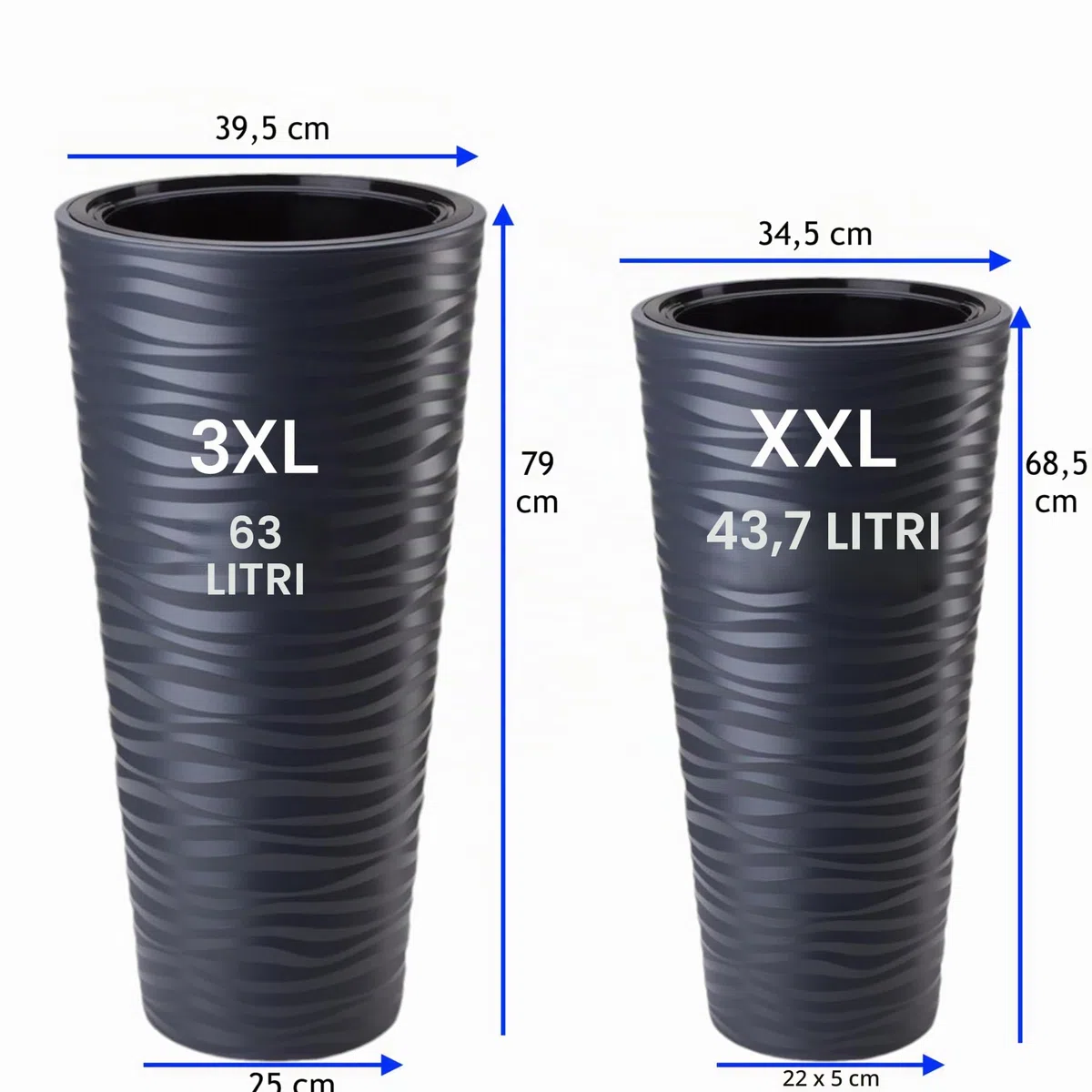 Vaso per piante XXL, forma rotonda allungata, effetto 3D, ondulato, colore: grigio antracite, con inserto rimovibile, diametro x altezza: 35 x 68,5 cm