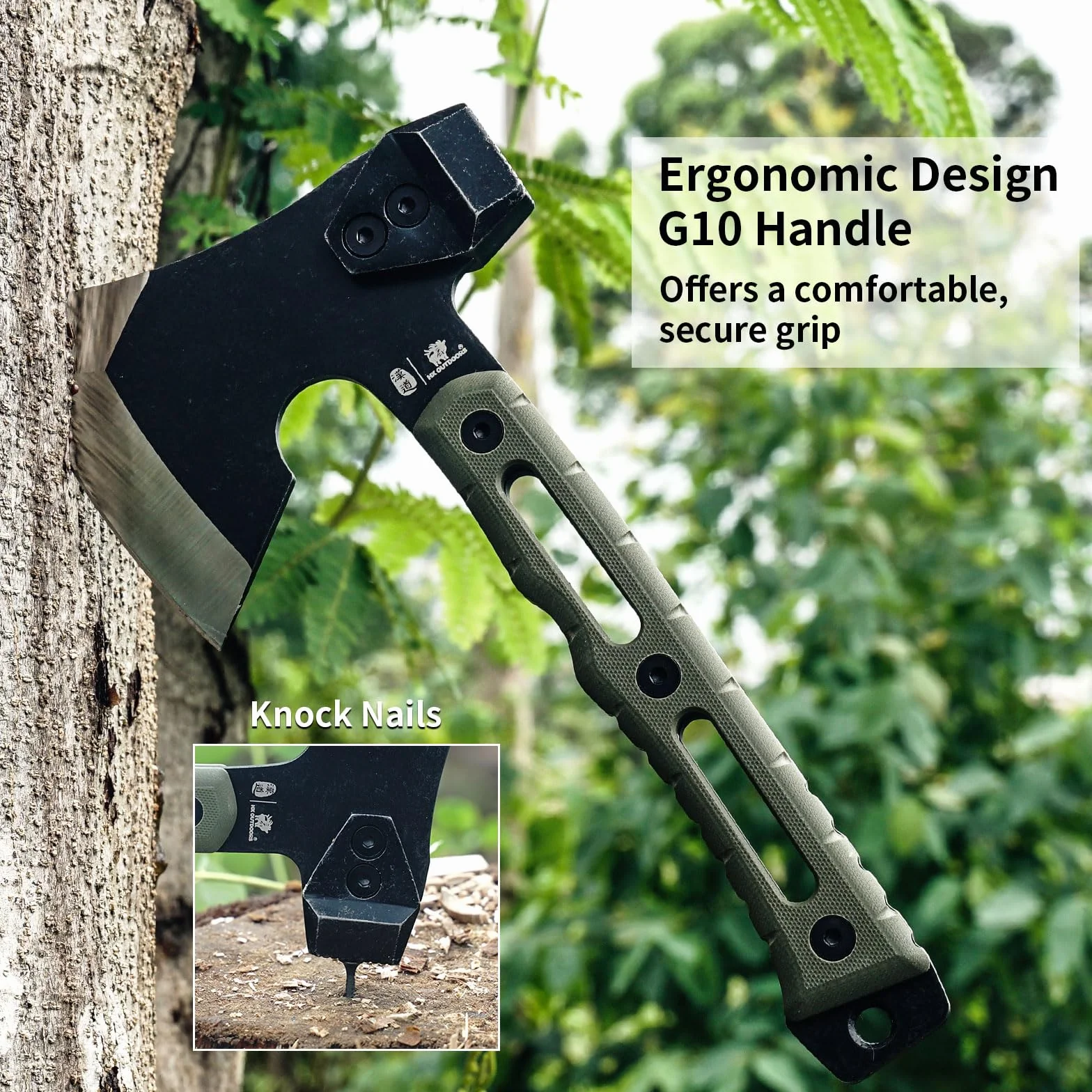 HX OUTDOORS Ascia Multifunzionale, Piccola Tattica da Sopravvivenza per Campeggio, Piccolo Ascia da Bushcraft con Martello e Fodero in Kydex (Verde Militare)