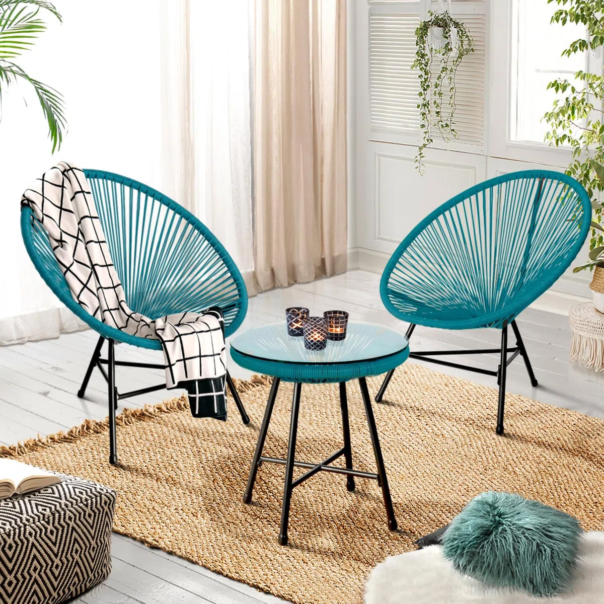 IDMarket - Mobili da Giardino Izmir - Tavolo e 2 poltrone - Uovo di Corda Blu Anatra