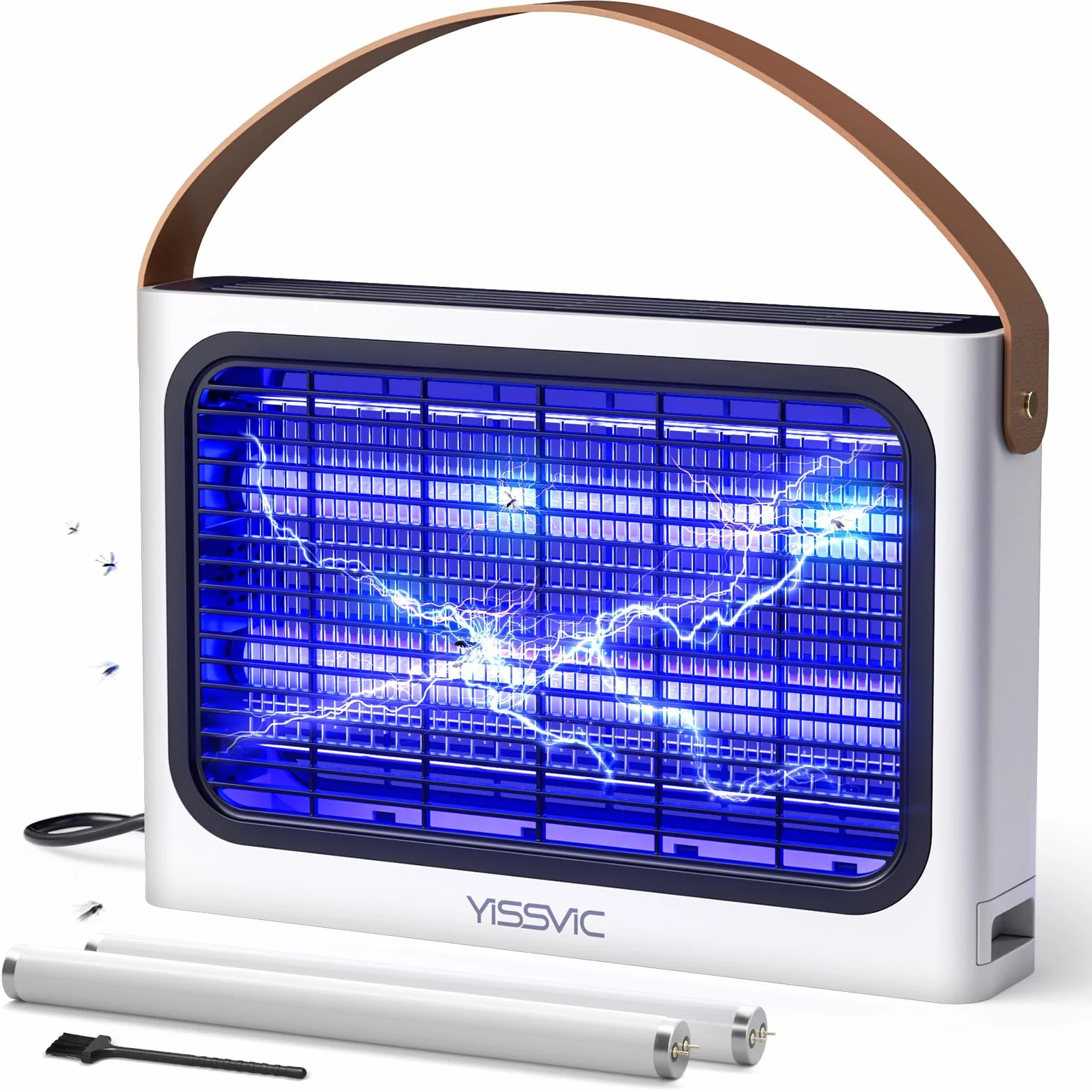 YISSVIC Lampada Antizanzare 4300V Zanzariera Elettrica 20W UV, con 2 Lampadine di Ricambio, Cassetto Estraibile, Manico in Pelle PU, Sicuro per Uomini e Animali, Uso Interno, Cavo 1.8m