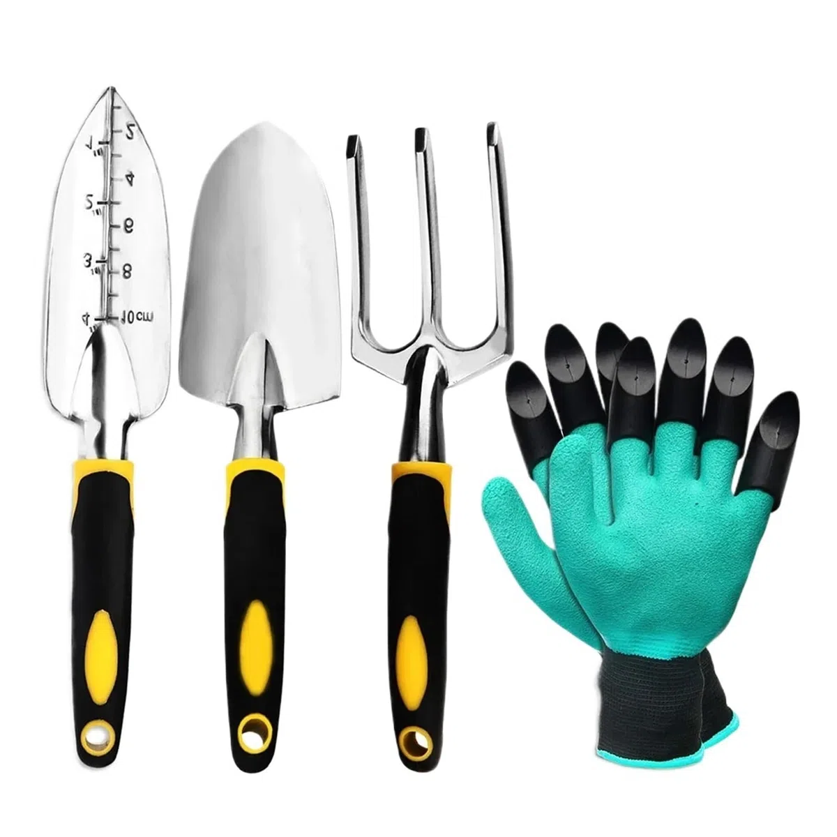 Generico Set di Attrezzi da Giardino, Confezione 4, con cazzuola, rastrello a Mano for coltivatore, trapianto, Guanti Giardinaggio for diserbo, allentamento del Terreno