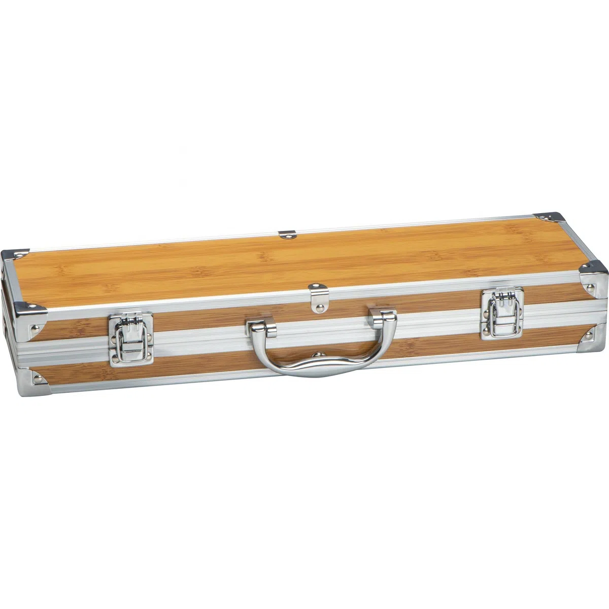 Set di 3 posate per barbecue, in valigetta in metallo effetto bambù, con pinza, forchetta e paletta per barbecue