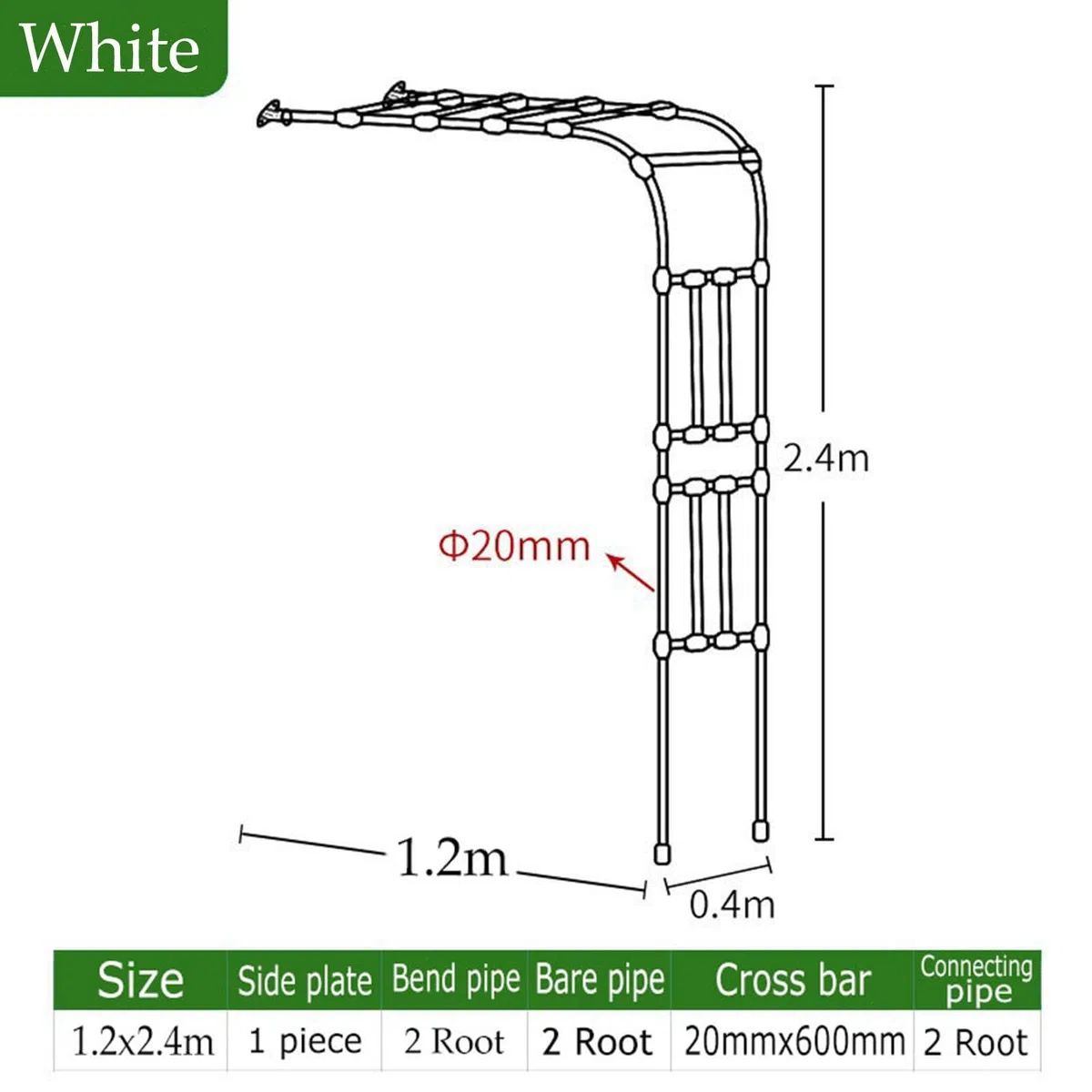 Traliccio da giardino in metallo per piante rampicanti, supporto per rose a semicerchio, supporto da parete, 1,2 m x 2,4 m, bianco, resistente, decorazione per esterni