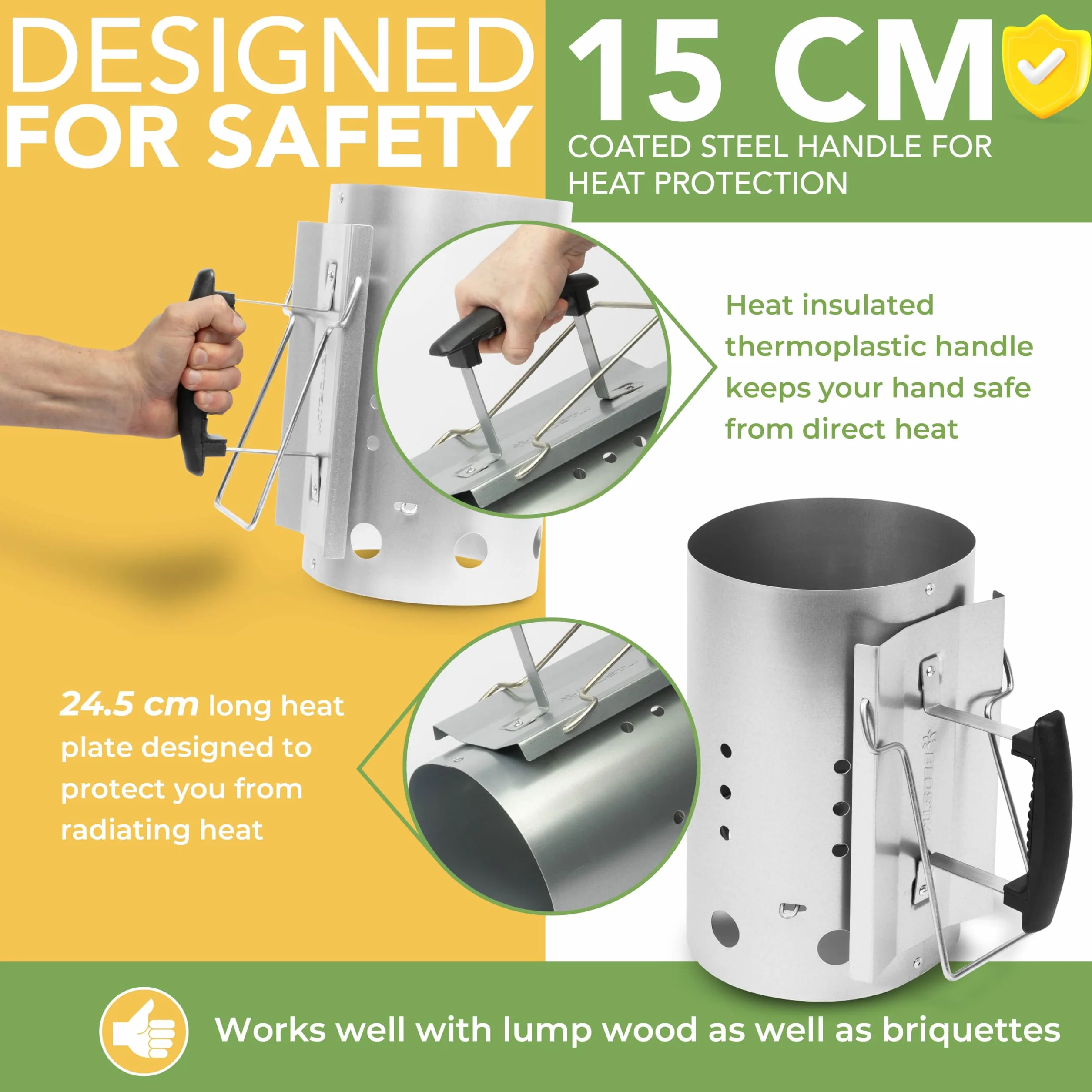 BLOSTM Accendi Fuoco per Barbecue - Extra Grande Accendi Carbonella Barbecue Avviamento Rapido, Acciaio Zincato, Maniglie di Sicurezza Isolate Termicamente - Accendi Carbonella, Grumi, Bricchette