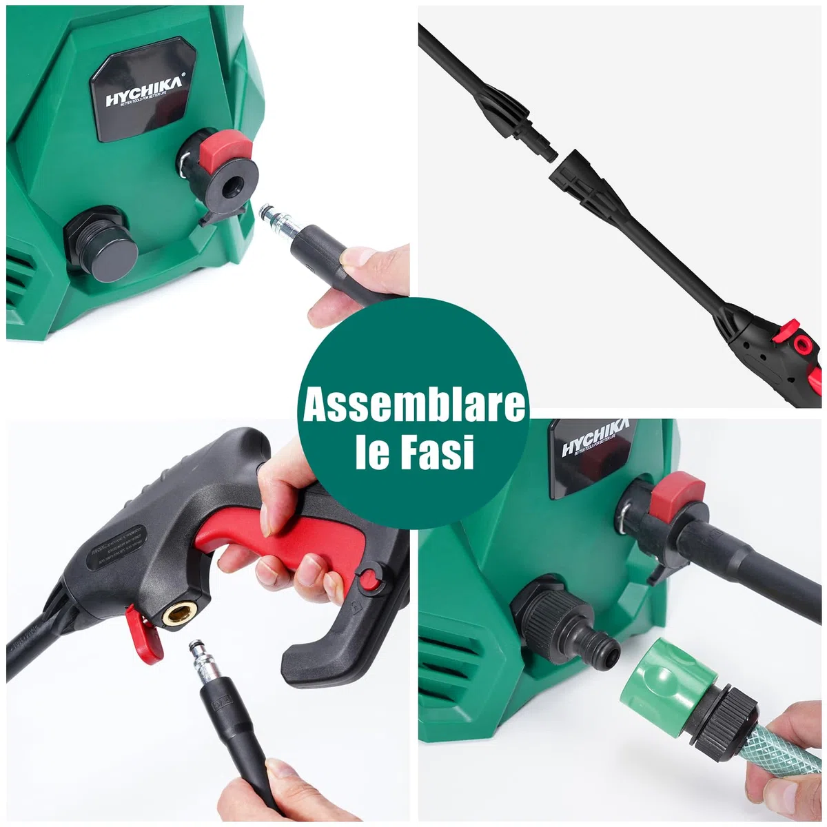 HYCHIKA Idropulitrice, 110 Bar Max Portata 410 l/h 1500W Lavatrice Portatile per con Serbatoio di Schiuma, Tubo Flessibile ad alta Pressione 5m, Cavo 5m, perfetta per Recinzione Auto Cortile