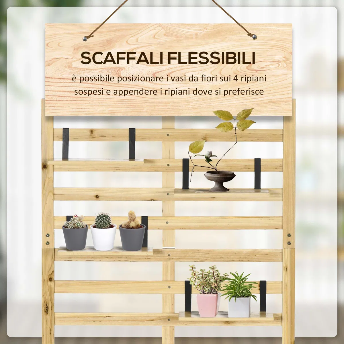 Outsunny Cassapanca da Giardino in Legno di Abete con Traliccio Integrato e 4 Ripiani, Cassapanca Contenitore da Esterno Impermeabile con Chiusura Magnetica, 80x45x160 cm, Colore Legno