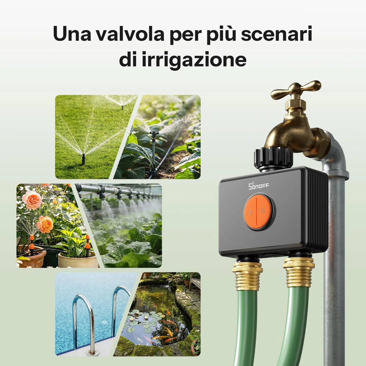SONOFF SWV-ZF2E Hydro DUO Timer irrigazione Zigbee a 2 zone, ingresso in ottone, IP65, alimentazione Type-C e 4 AA, adattamento meteo con misuratore di flusso, hub Zigbee richiesto, Home Assistant