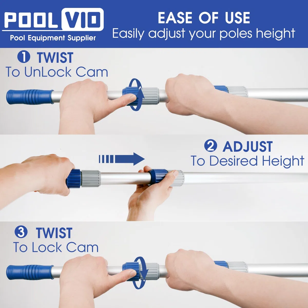Poolvio Palo telescopico per piscina da 3,5 m, regolabile, in alluminio, 2 pezzi, per la pulizia della piscina, retine, testine aspiranti e spazzole, presa forte e blocco