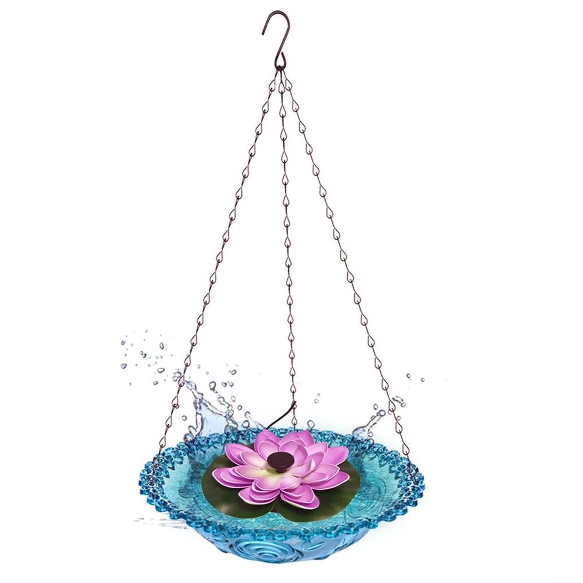 Abbeveratoio per uccelli da appendere all'esterno, alimentato a energia solare, fontana di loto per esterni, giardino, cortile, decorazione ad acqua, 23,5 x 45 cm (blu)