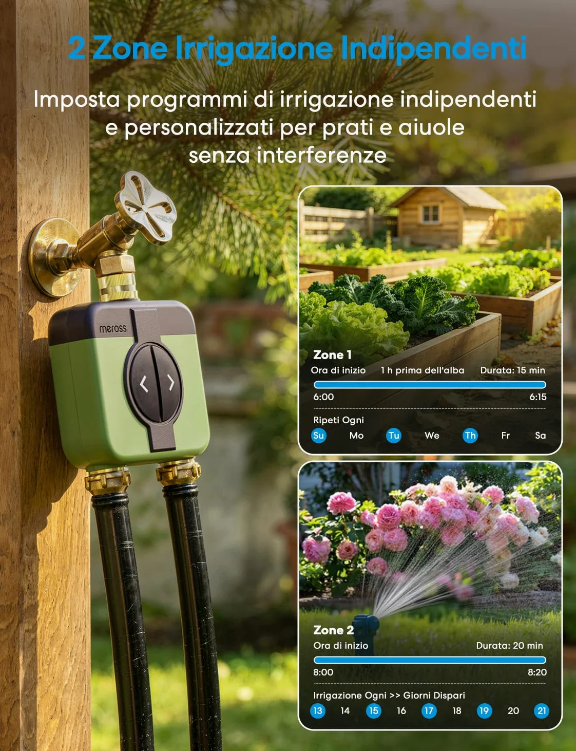 Meross Centralina Irrigazione WiFi 2 Vie MST200, Irrigazione Automatico & Controllo Remoto, Ritardo Pioggia & Monitoraggio Consumo Acqua, Compatibile con Apple Home, Alexa e Google Home, Verde, 2.4GHz