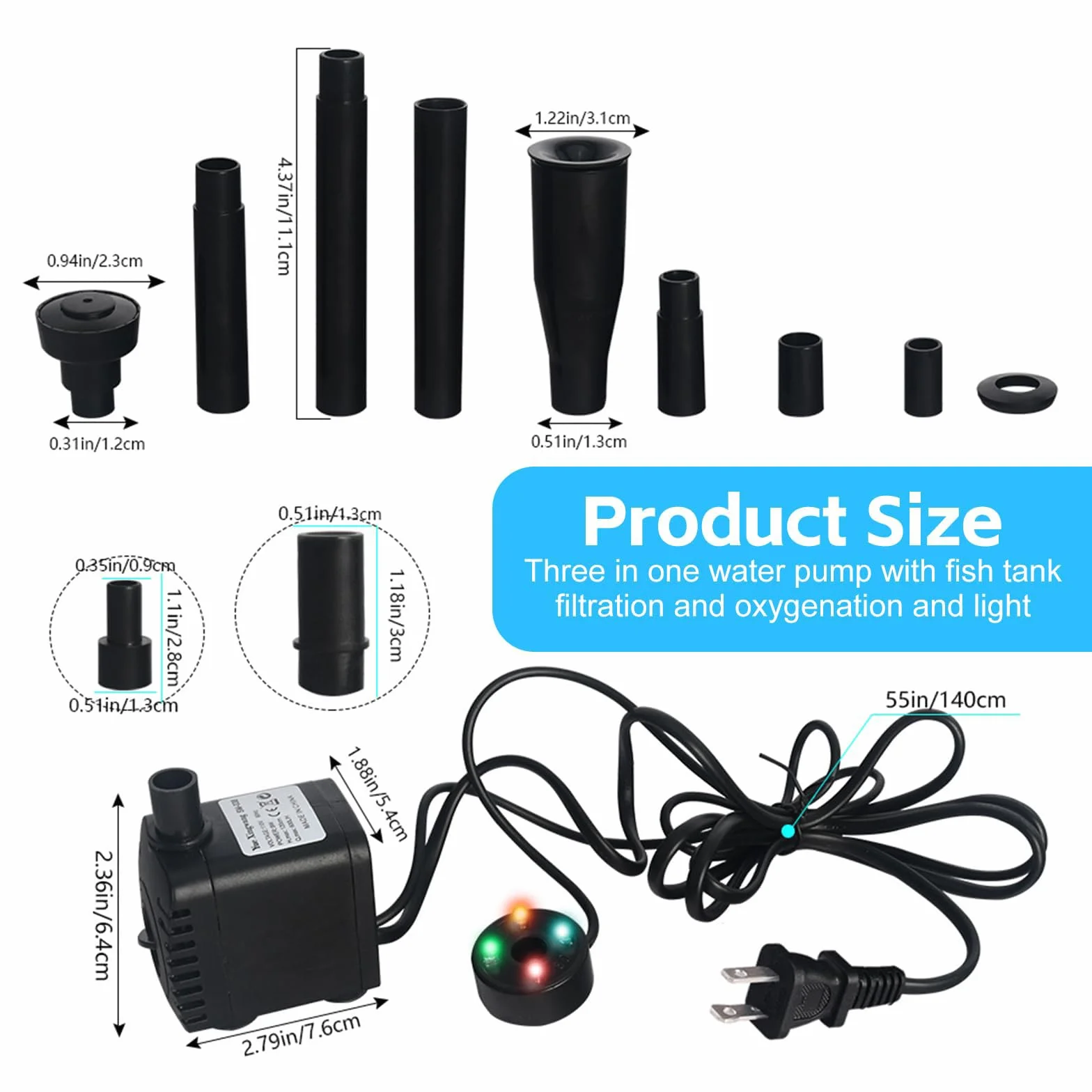 Pompa per fontana, 600 l/h, 15 W, per esterni, 220 V, 3 in 1, con 4 LED, pompa da giardino, fontana, pompa per giochi d'acqua, pompa per ruscello, fontana per giardino, stagno, fontana