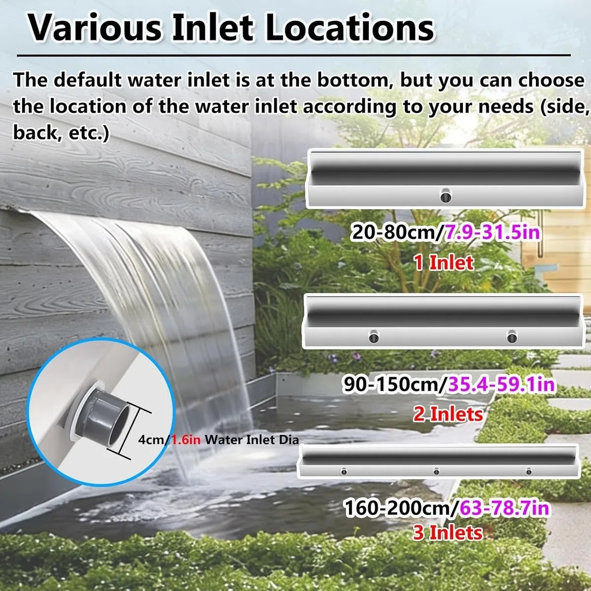 Fontana a cascata in acciaio inox, resistente alla ruggine, per giardino e patio, 90 cm, con beccuccio nero per stagno e cascata, 20, 30, 40, 150, 200 cm