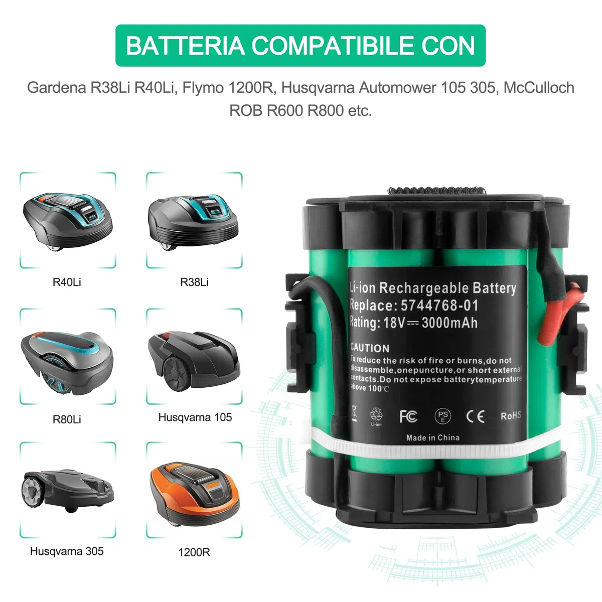 18V 3,0Ah Batteria di Ricambio per Gardena R38Li, R40Li, R45Li, R50Li, R70Li, R75Li, R80Li, 124562