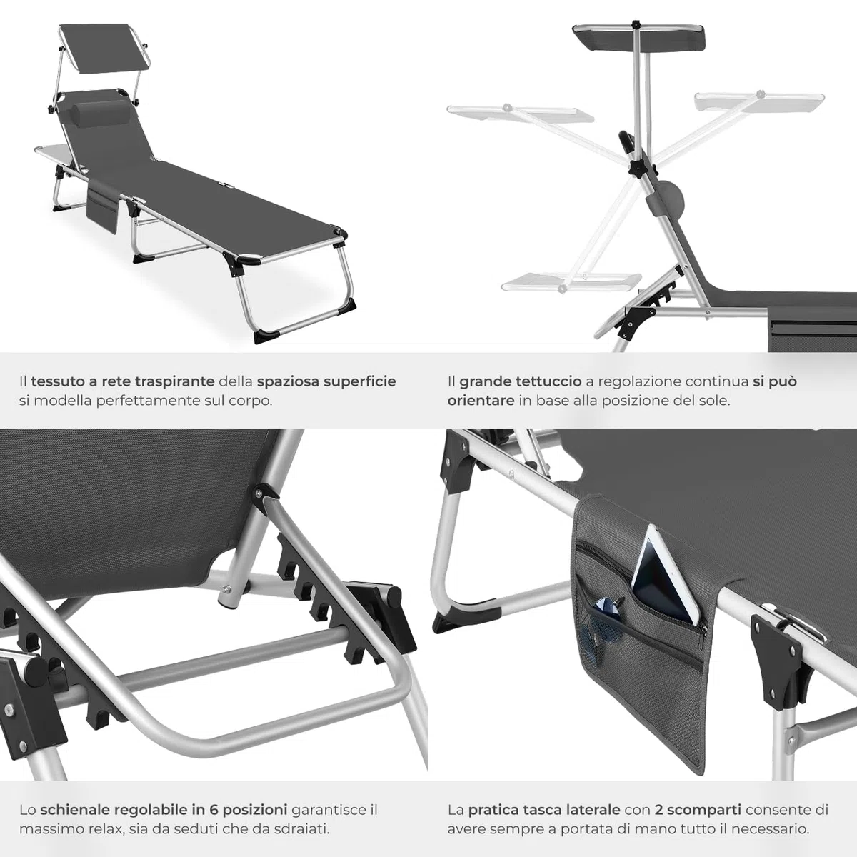 tectake® Lettino Prendisole Pieghevole, Telaio in Alluminio, Schienale Regolabile in 6 Posizioni, Lettino Sdraio con Tetto Parasole e Comodo Cuscino, Ideale per Giardino e Campeggio - Grigio