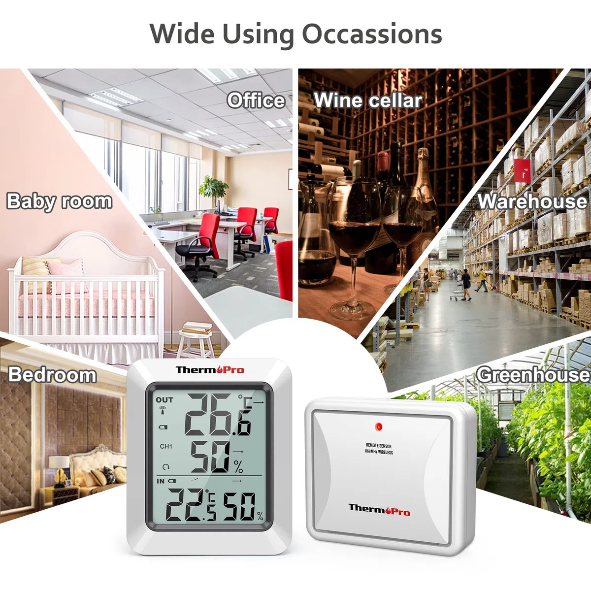 ThermoPro TP60S Termometro Ambiente Interno Esterno Digitale Wireless Trasmissione 60 Metri con Sensore Esterno Igrometro Misuratore di Temperatura e umidità per Casa Ufficio Scuola