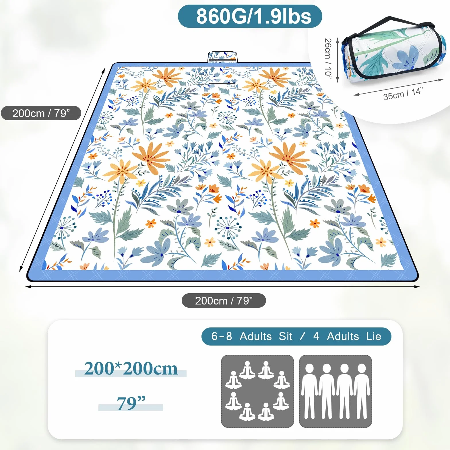 DEWUR Coperta da picnic coperta da spiaggia lavabile impermeabile Sandfrei XXL coperta da campeggio coperta da spiaggia isolata con parte inferiore impermeabile (200x200cm, bianco con fiori)