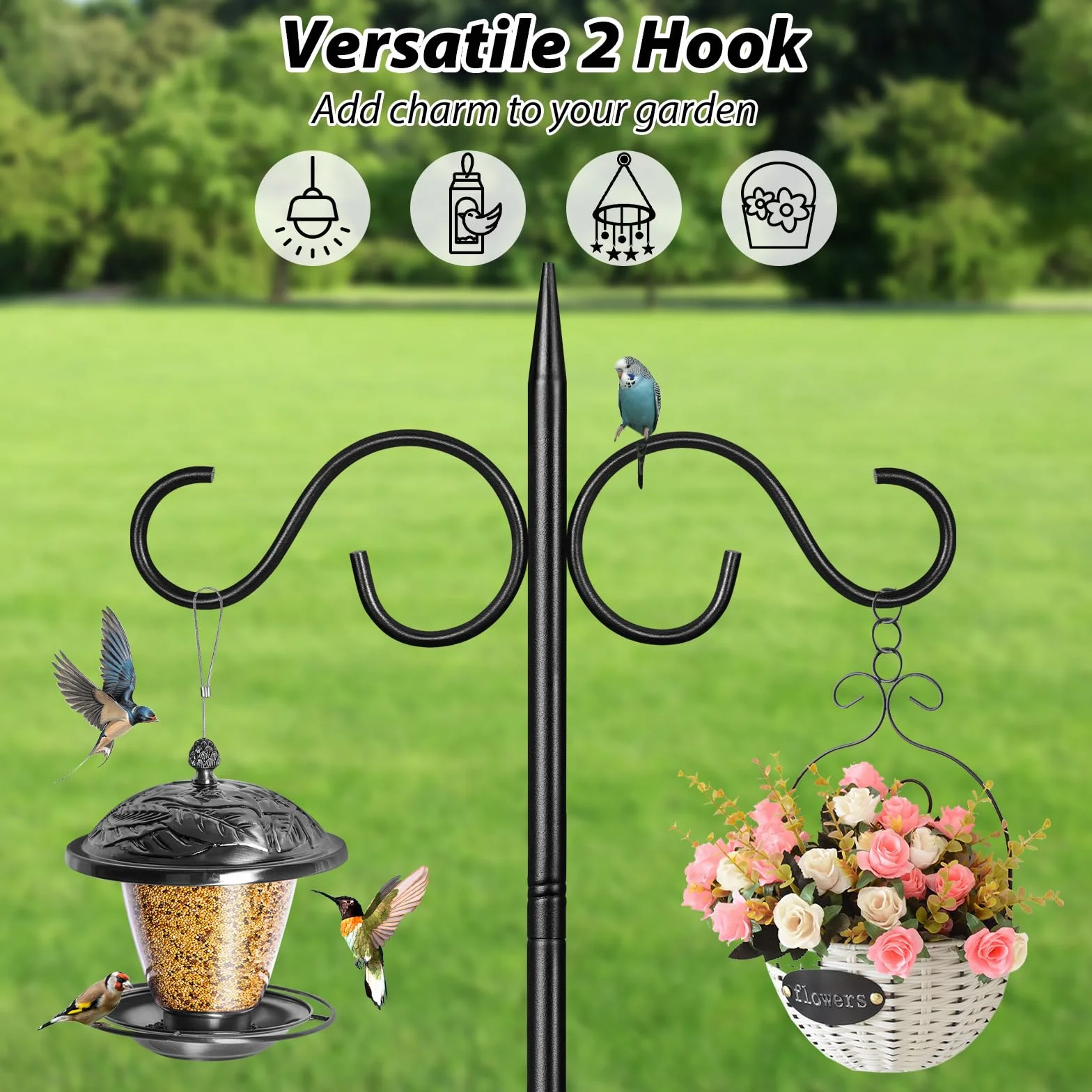 Pali e ganci per mangiatoia per uccelli, 2 m, resistente, con base, doppi ganci per pastori, autoportante, per esterni, lanterne, luci da giardino, cesto di fiori, nero, confezione da 1