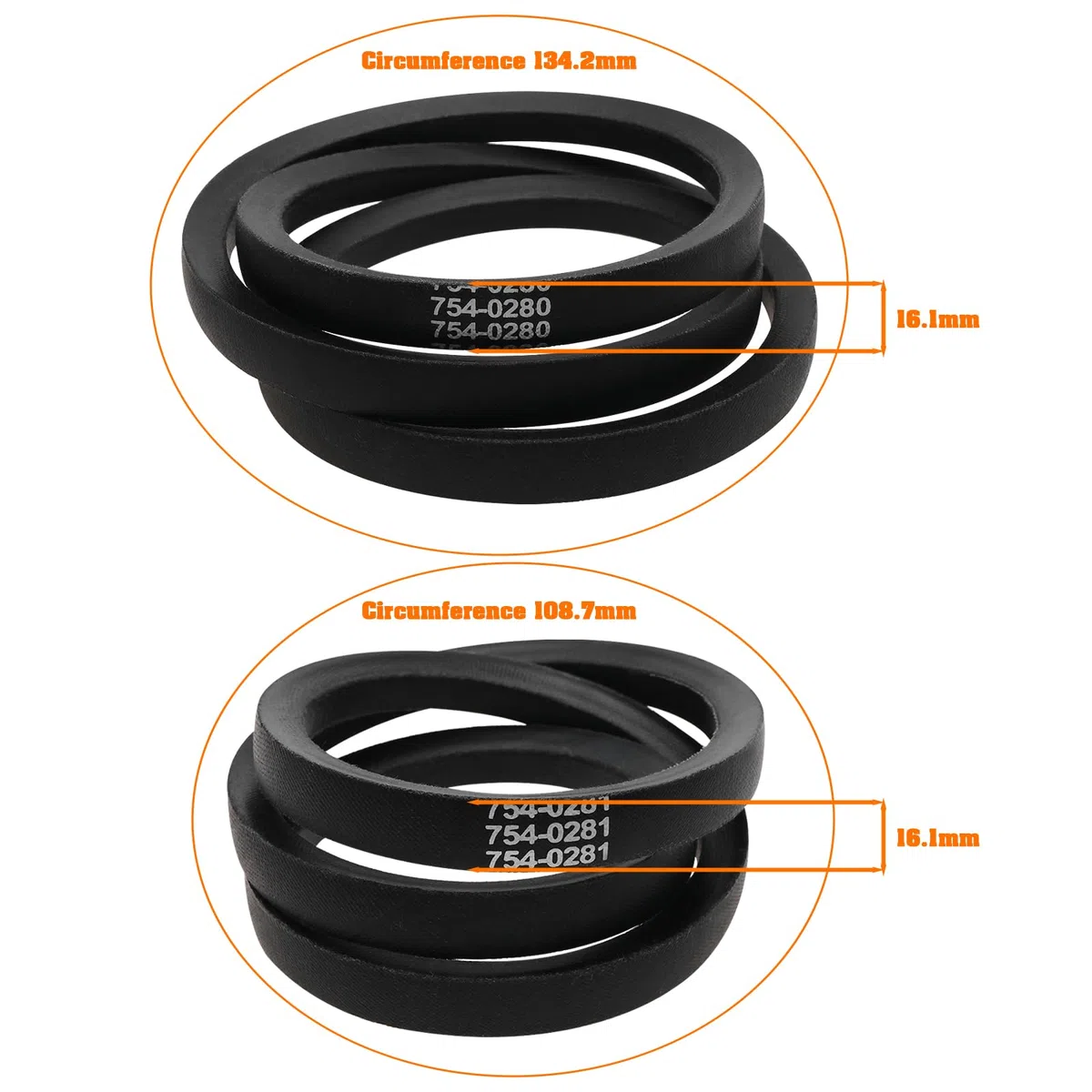 OTOTEC 2 cinghie trapezoidali per tosaerba compatibili con MTD compatibile con Mastercut OE 754-0280 754-0280A 754-0281 754-0281A, circonferenza 134,2 mm, 108,7 mm, larghezza 16,1 mm, nero